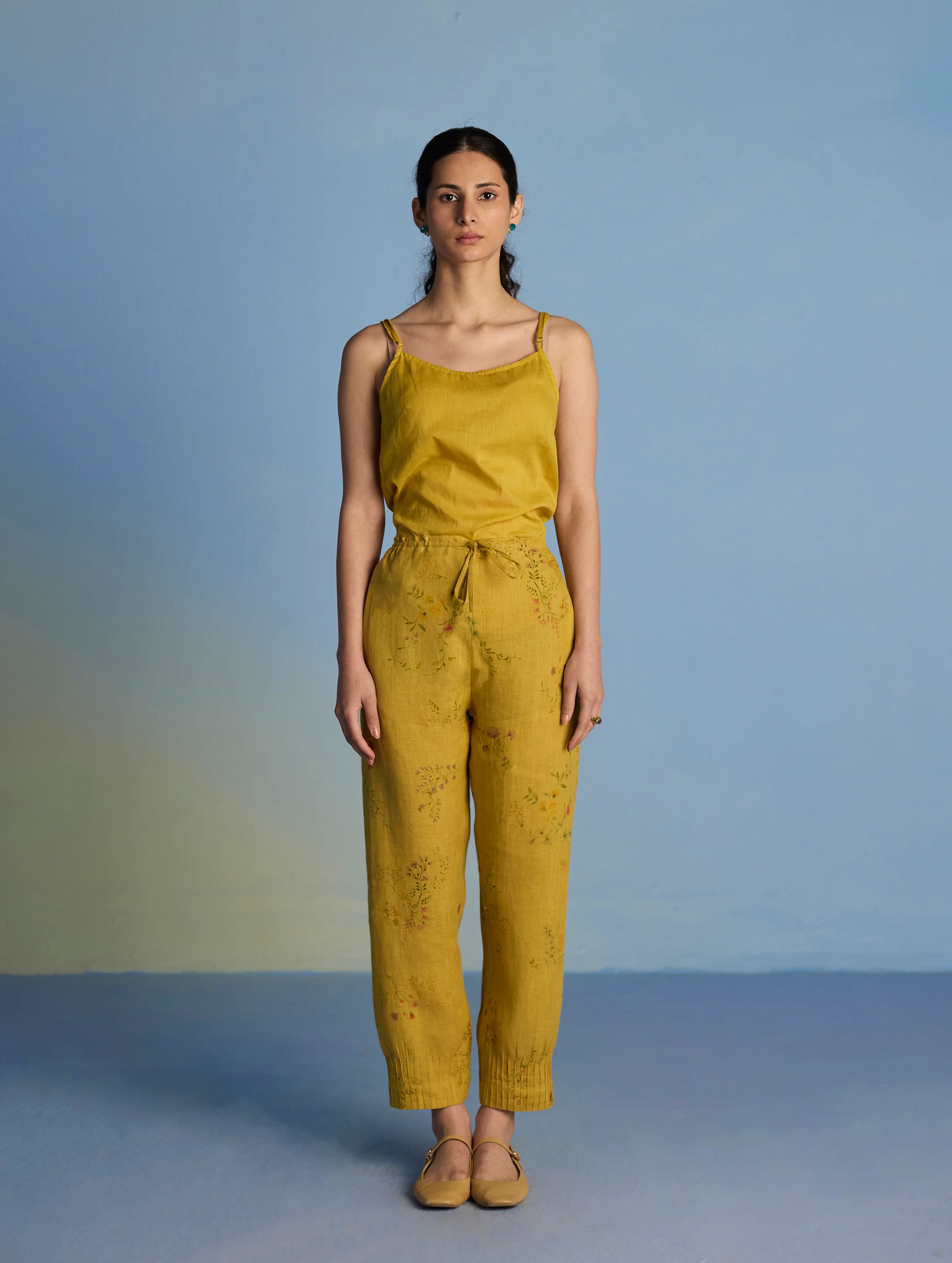 Raya Pintuck Floral Linen Pant - Ochre - Image 2
