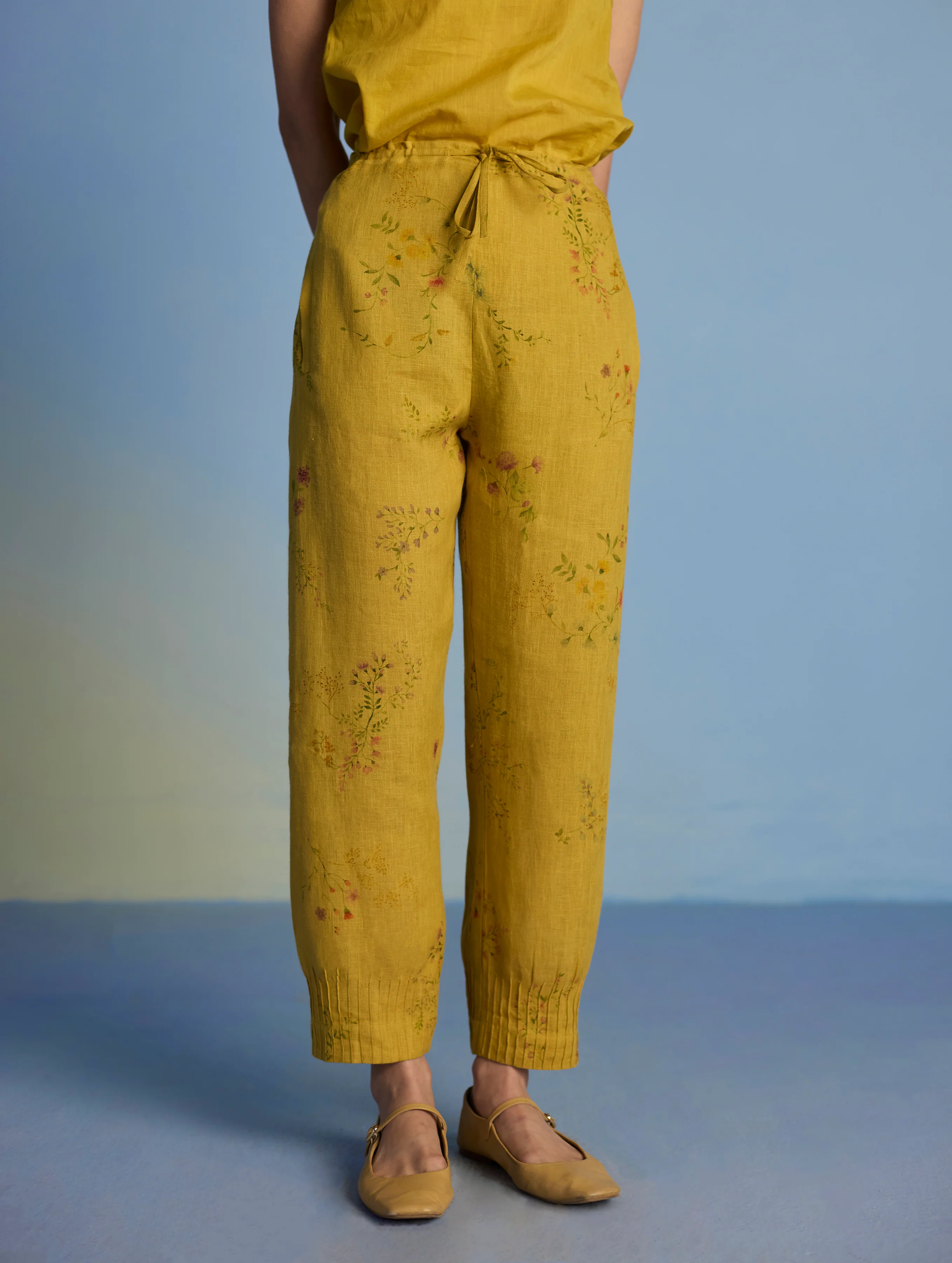 Raya Pintuck Floral Linen Pant - Ochre - Image 4