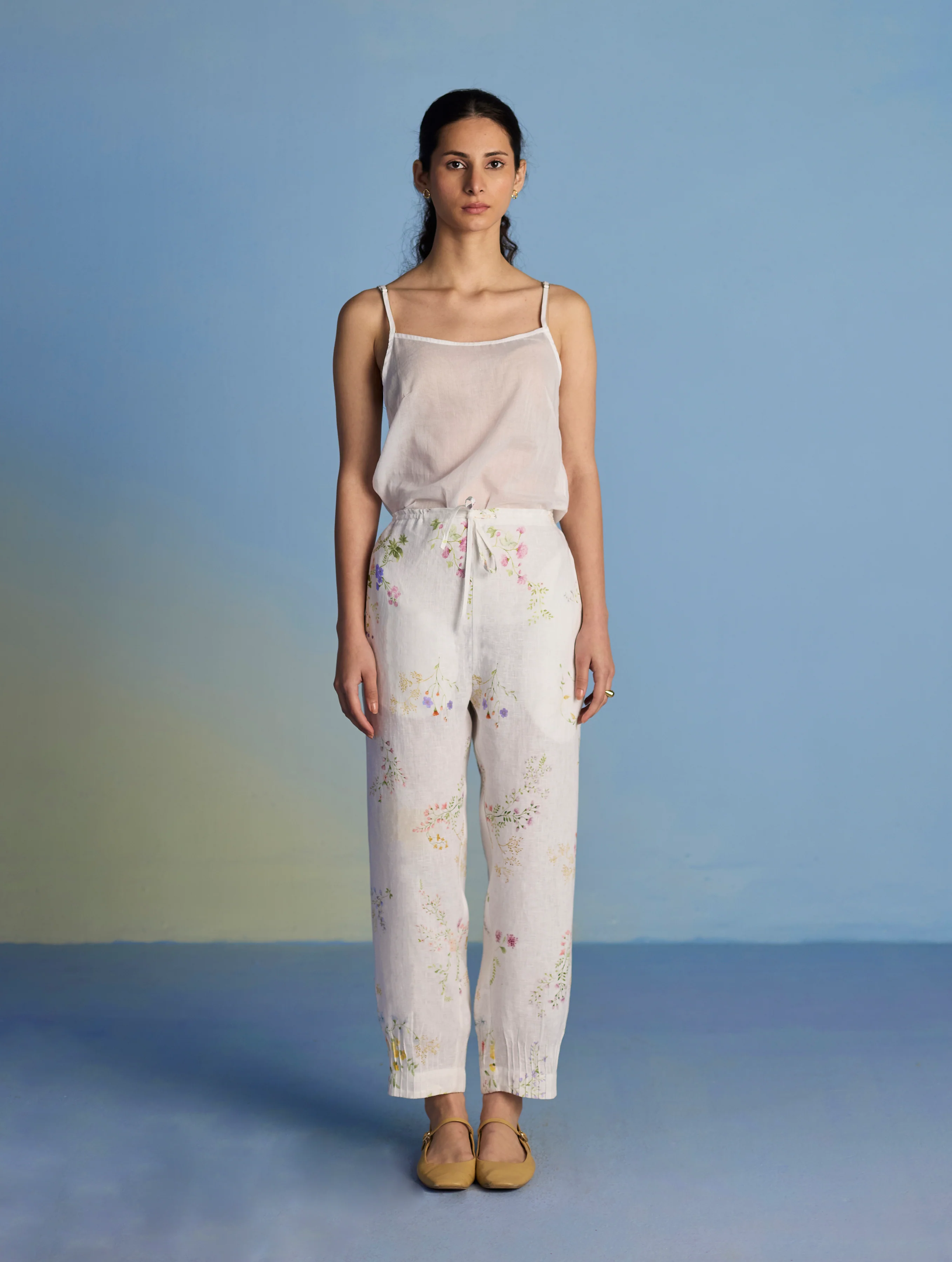 Raya Pintuck Floral Linen Pant - White - Image 2