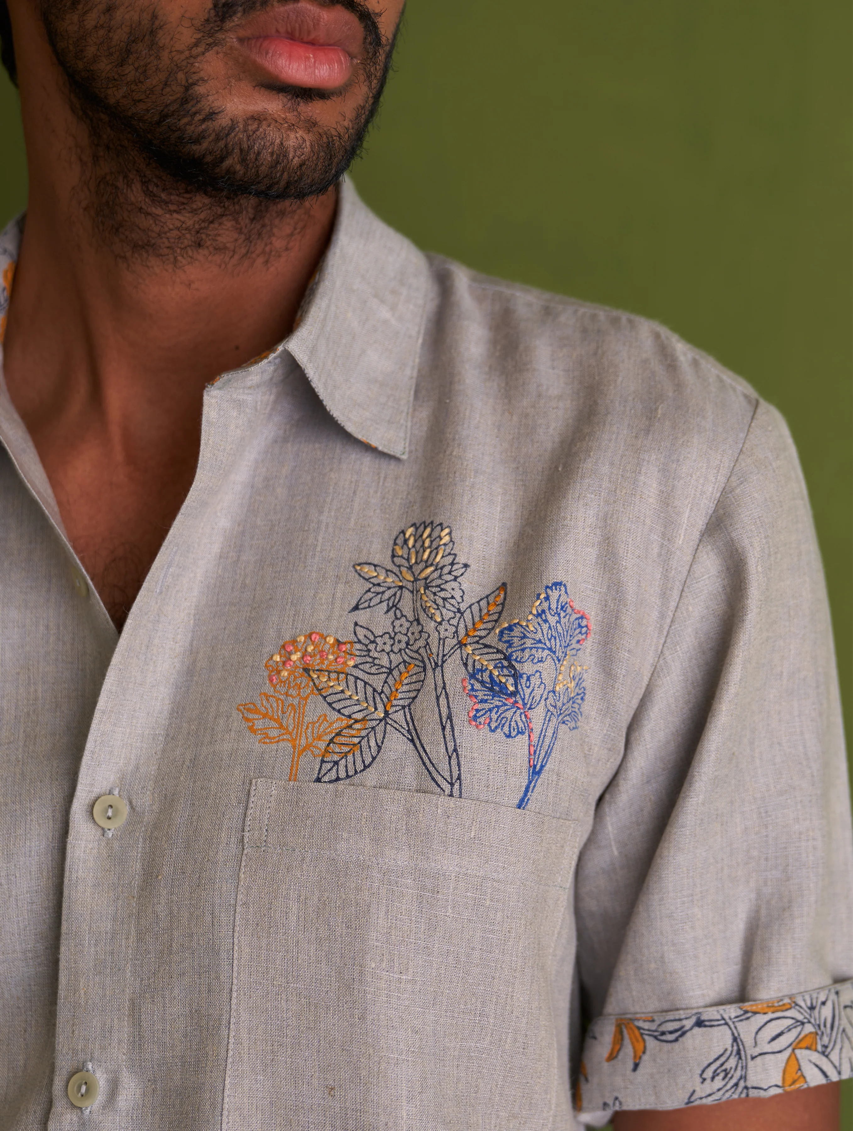 Runo Block-Printed Linen Shirt - Grey - Image 3