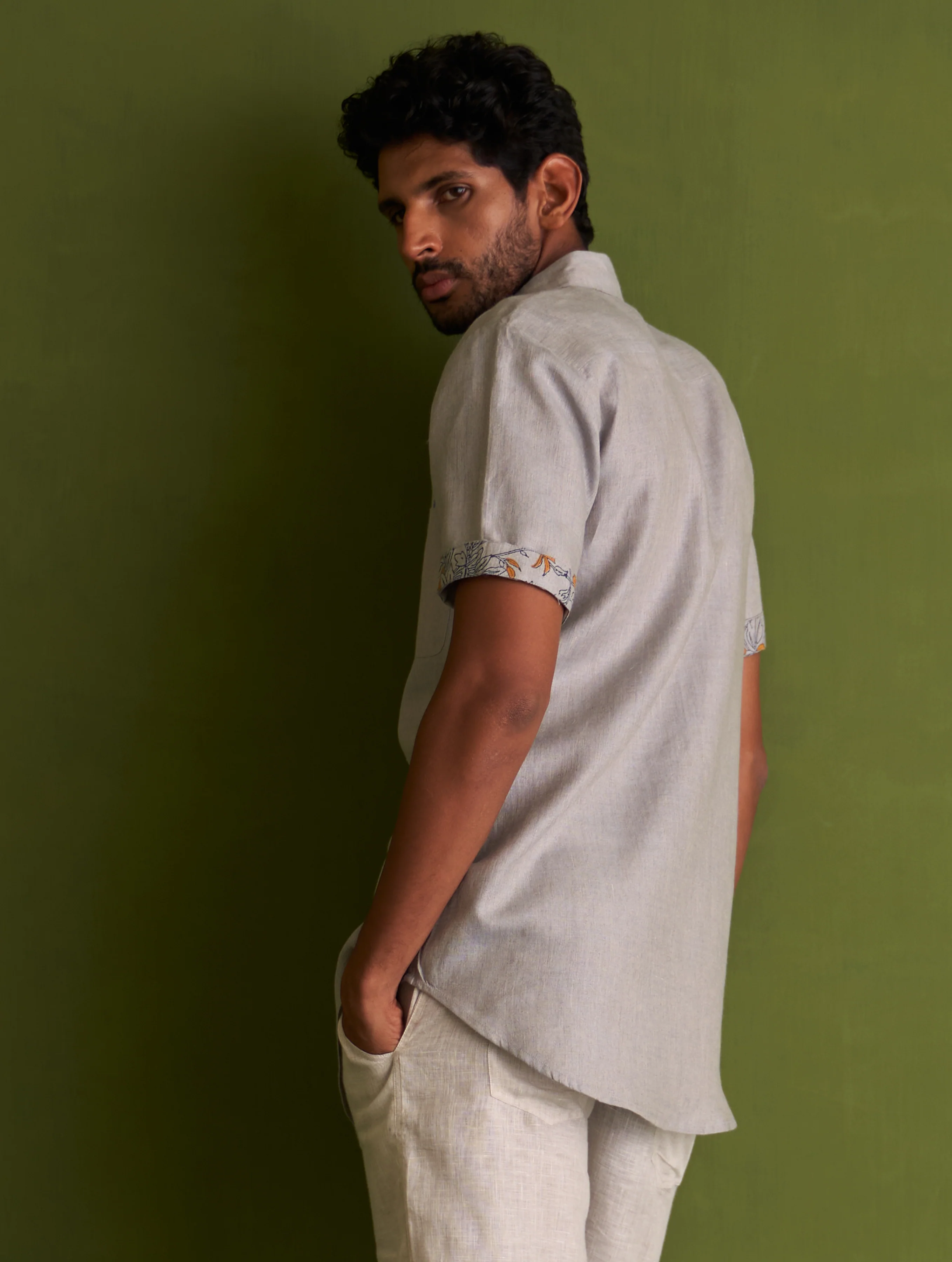 Runo Block-Printed Linen Shirt - Grey - Image 4