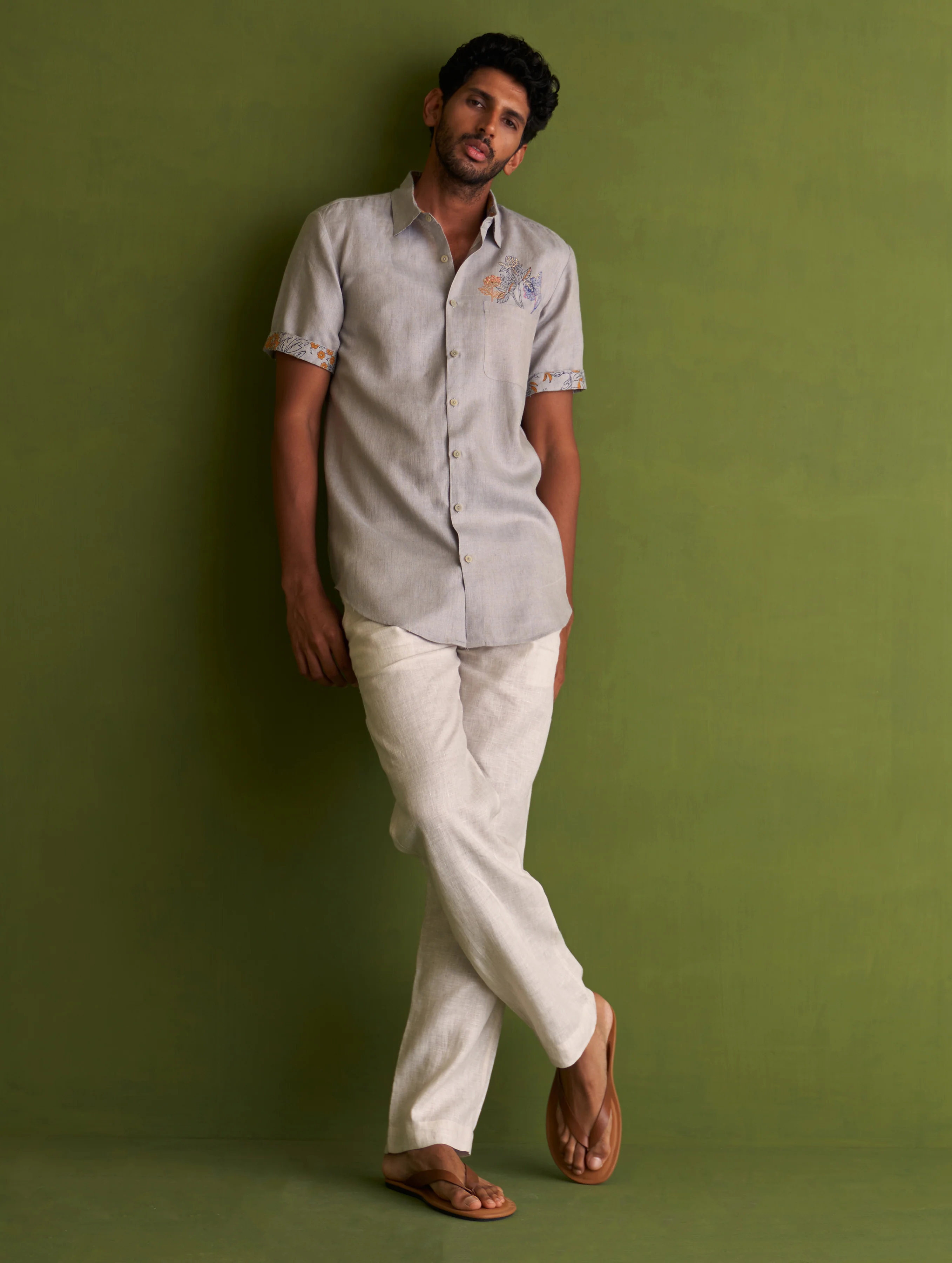 Runo Block-Printed Linen Shirt - Grey - Image 5