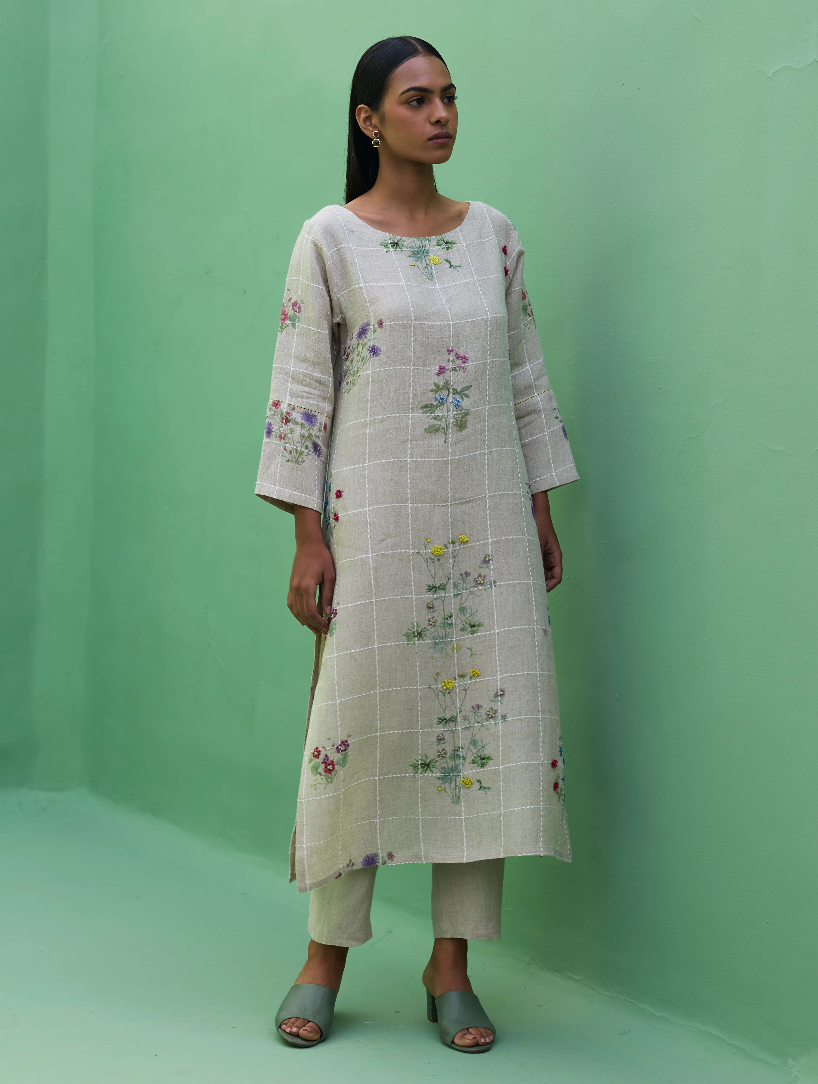Sakura Botanical Stripe Linen Kurta Set - Natural - Image 11