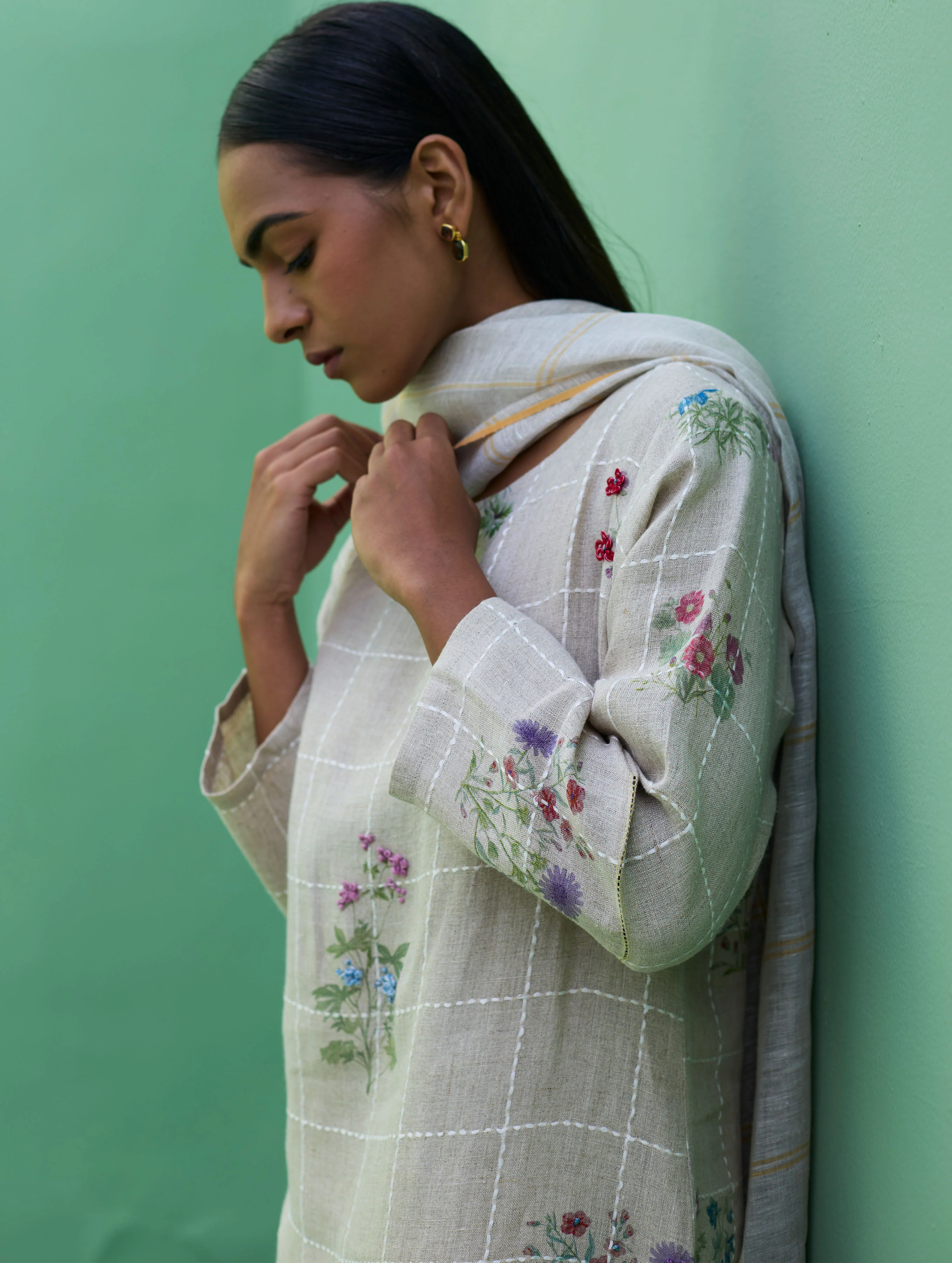 Sakura Botanical Stripe Linen Kurta Set - Natural - Image 13