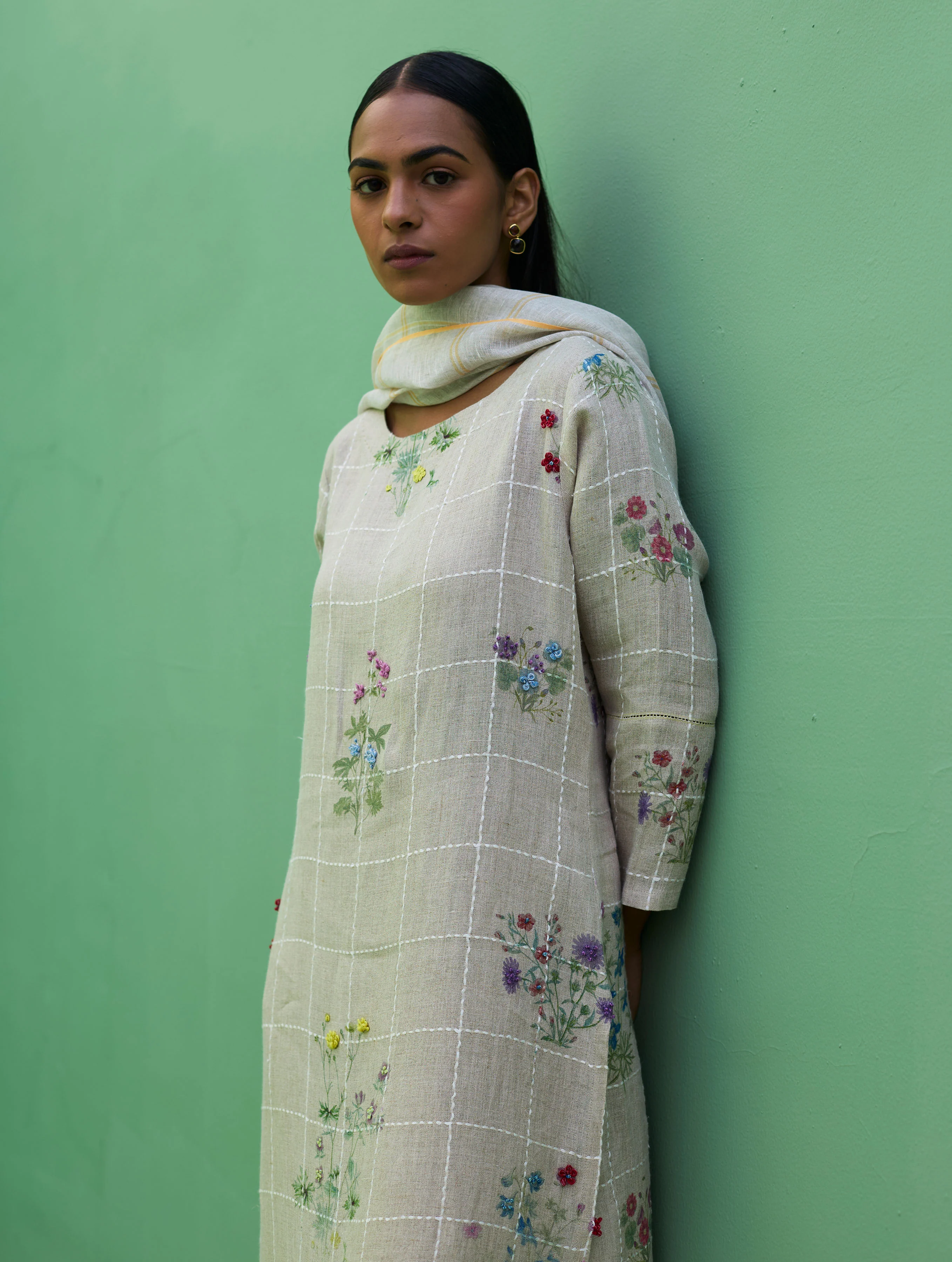 Sakura Botanical Stripe Linen Kurta Set - Natural - Image 14