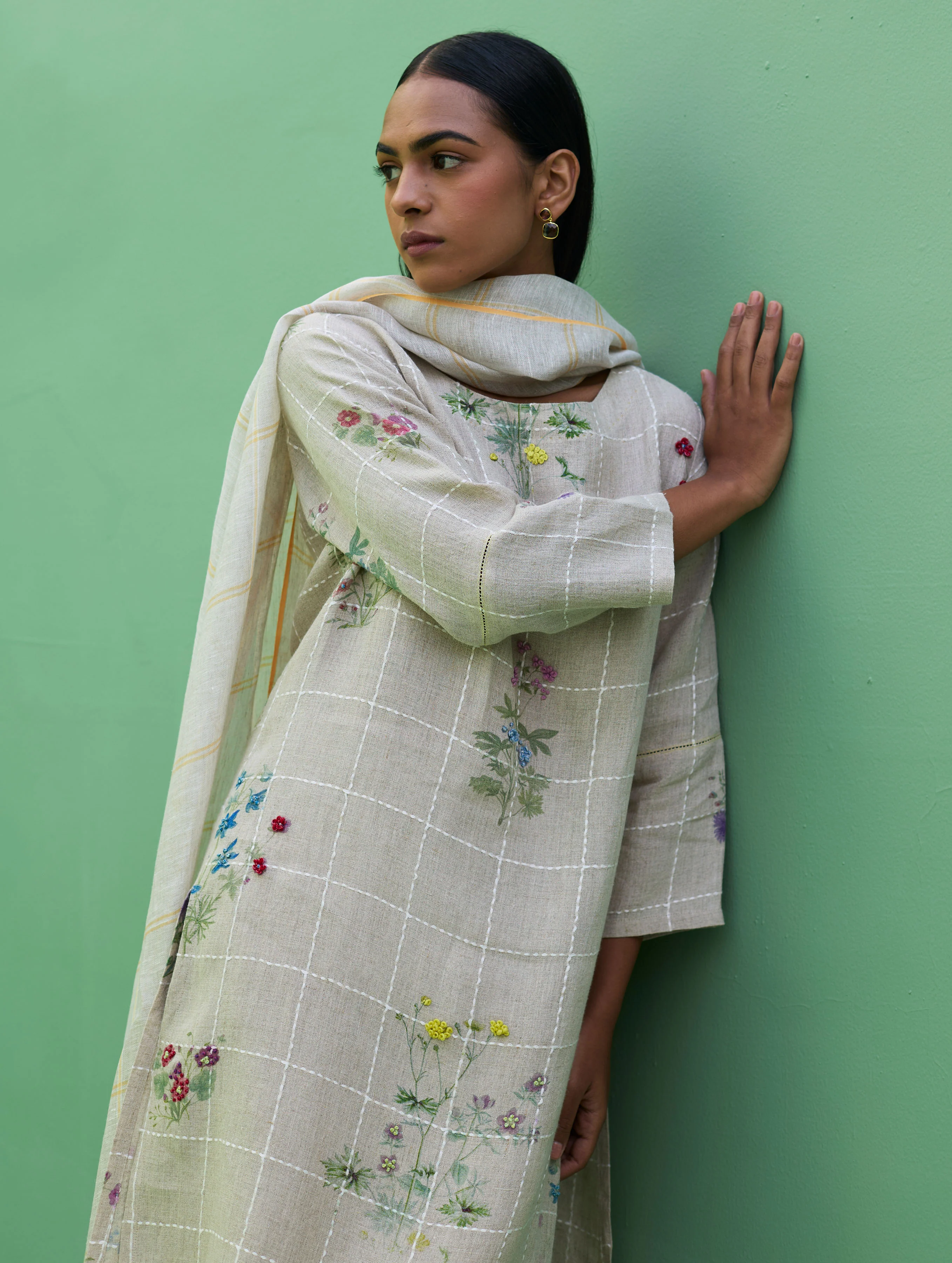 Sakura Botanical Stripe Linen Kurta Set - Natural - Image 17
