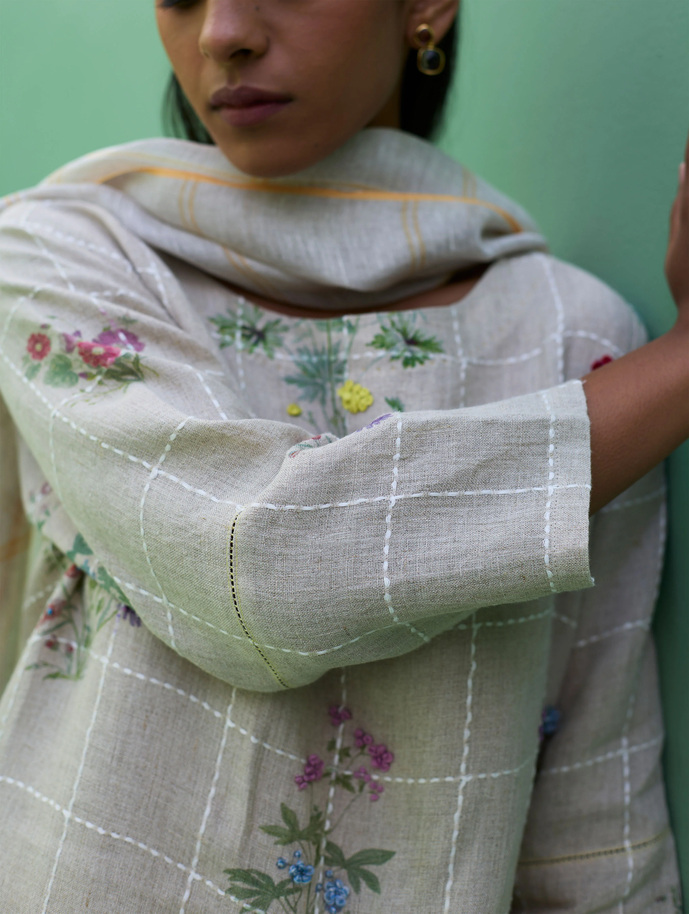 Sakura Botanical Stripe Linen Kurta Set - Natural - Image 19