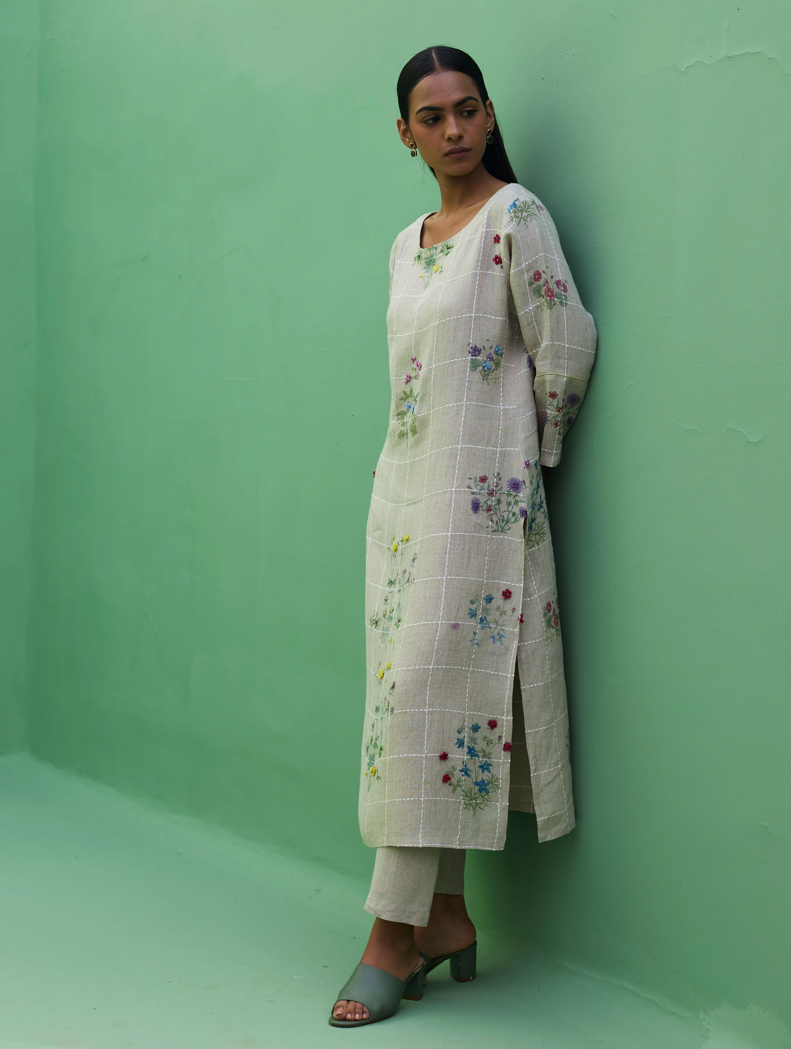 Sakura Botanical Stripe Linen Kurta Set - Natural - Image 9