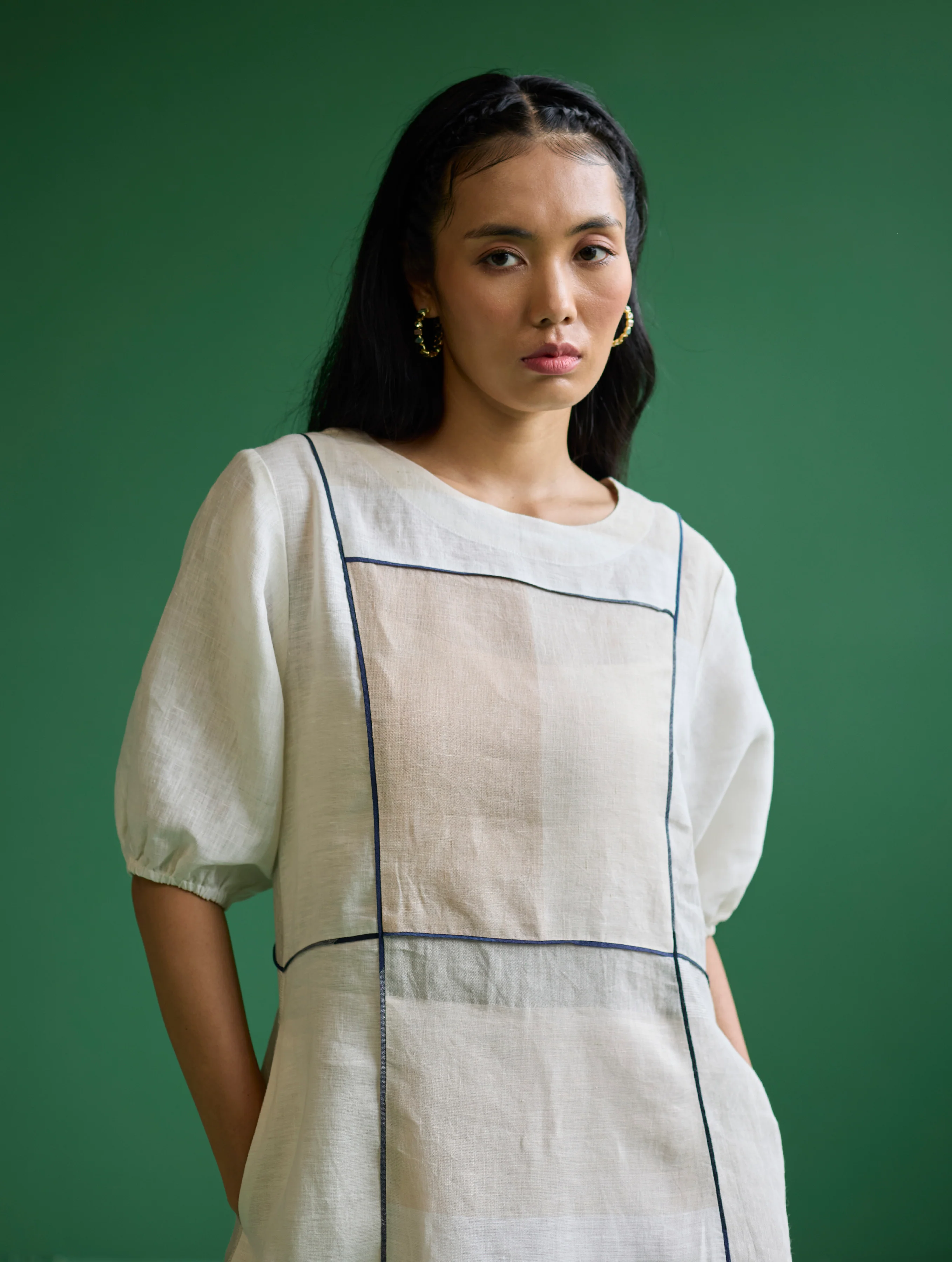 Sehr Metallic Linen Piping Dress - Ivory - Image 6