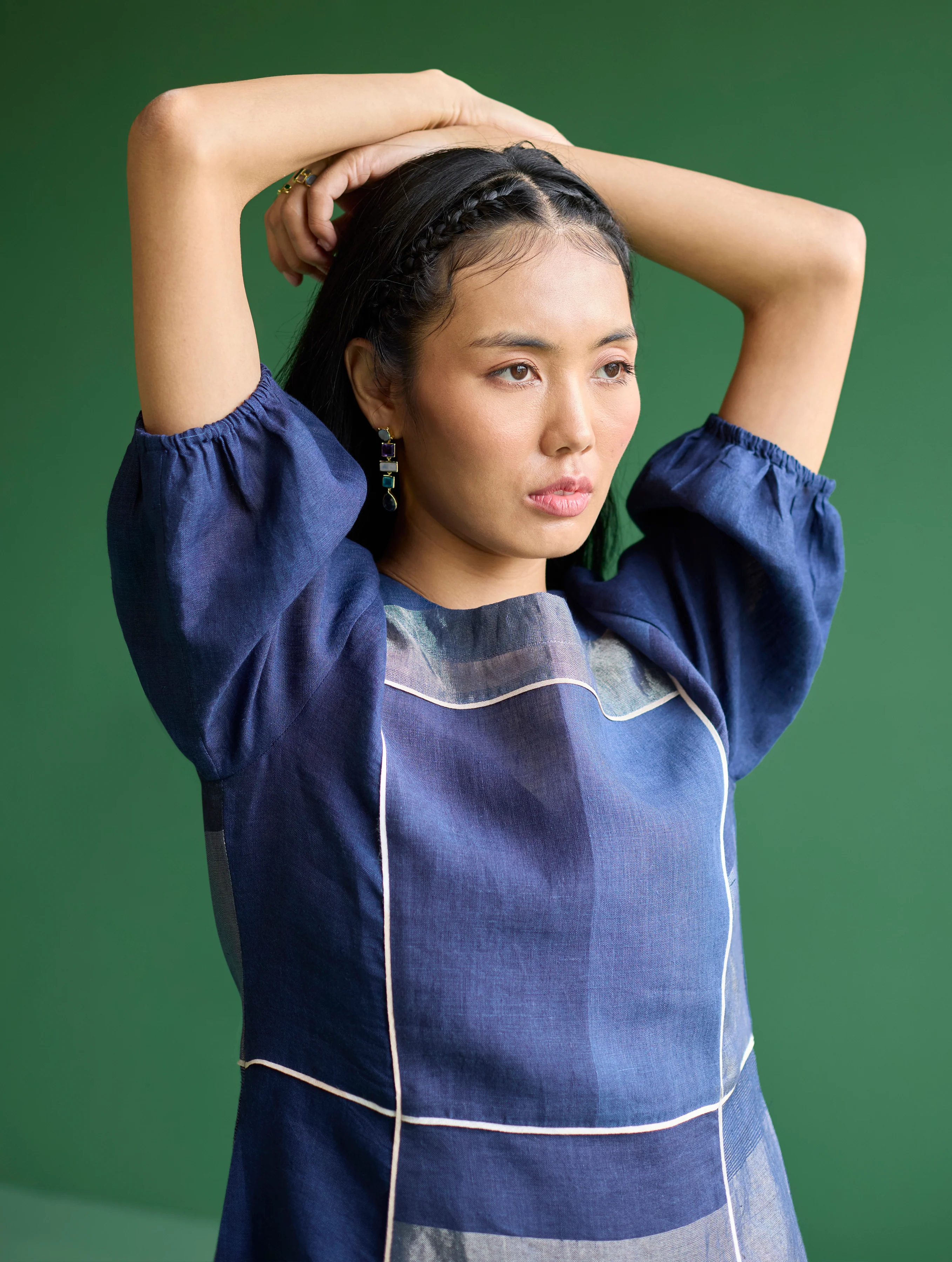 Sehr Metallic Linen Piping Dress - Navy - Image 8
