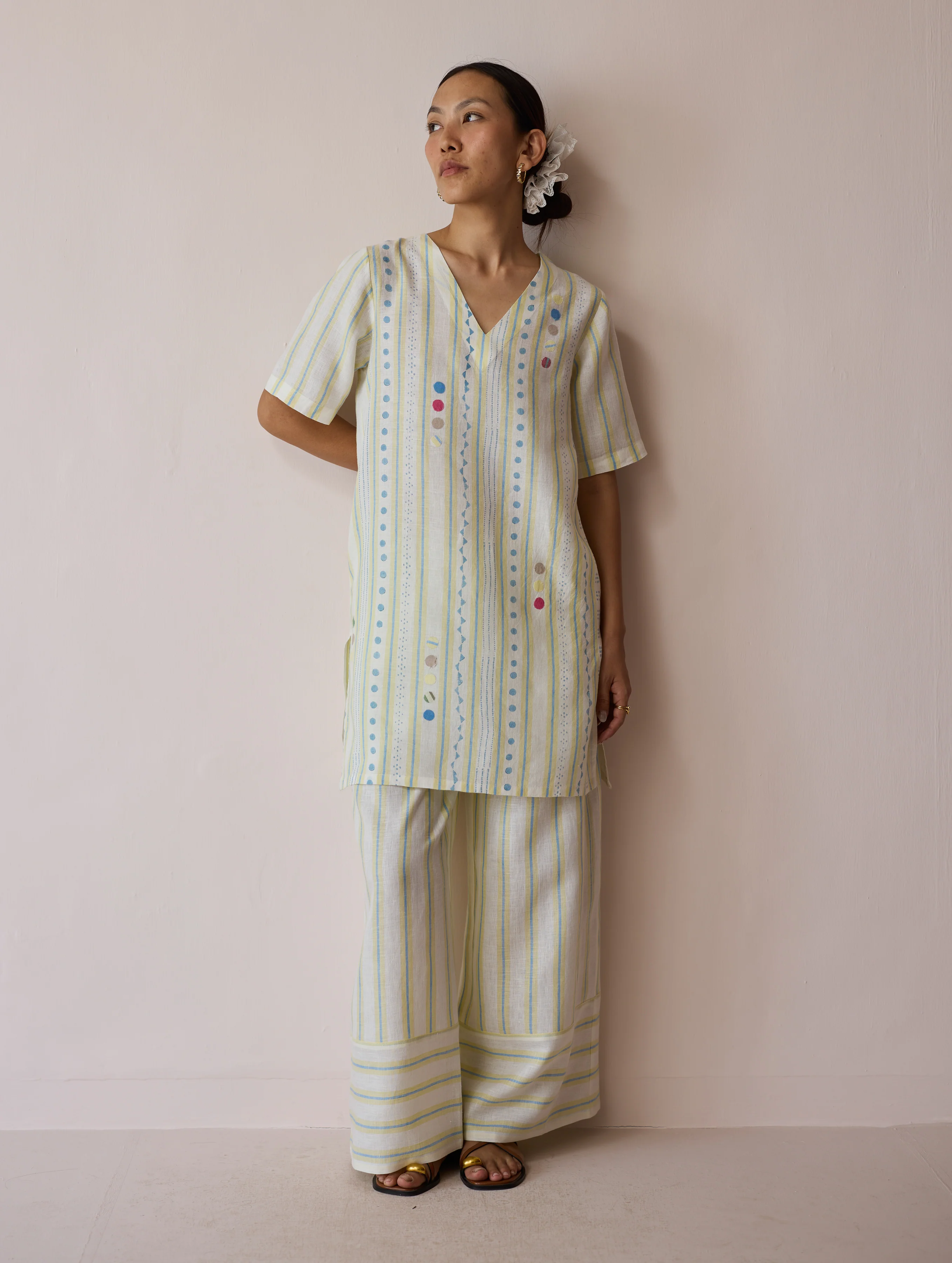 Selle Linen Applique Kurta Set - Ivory