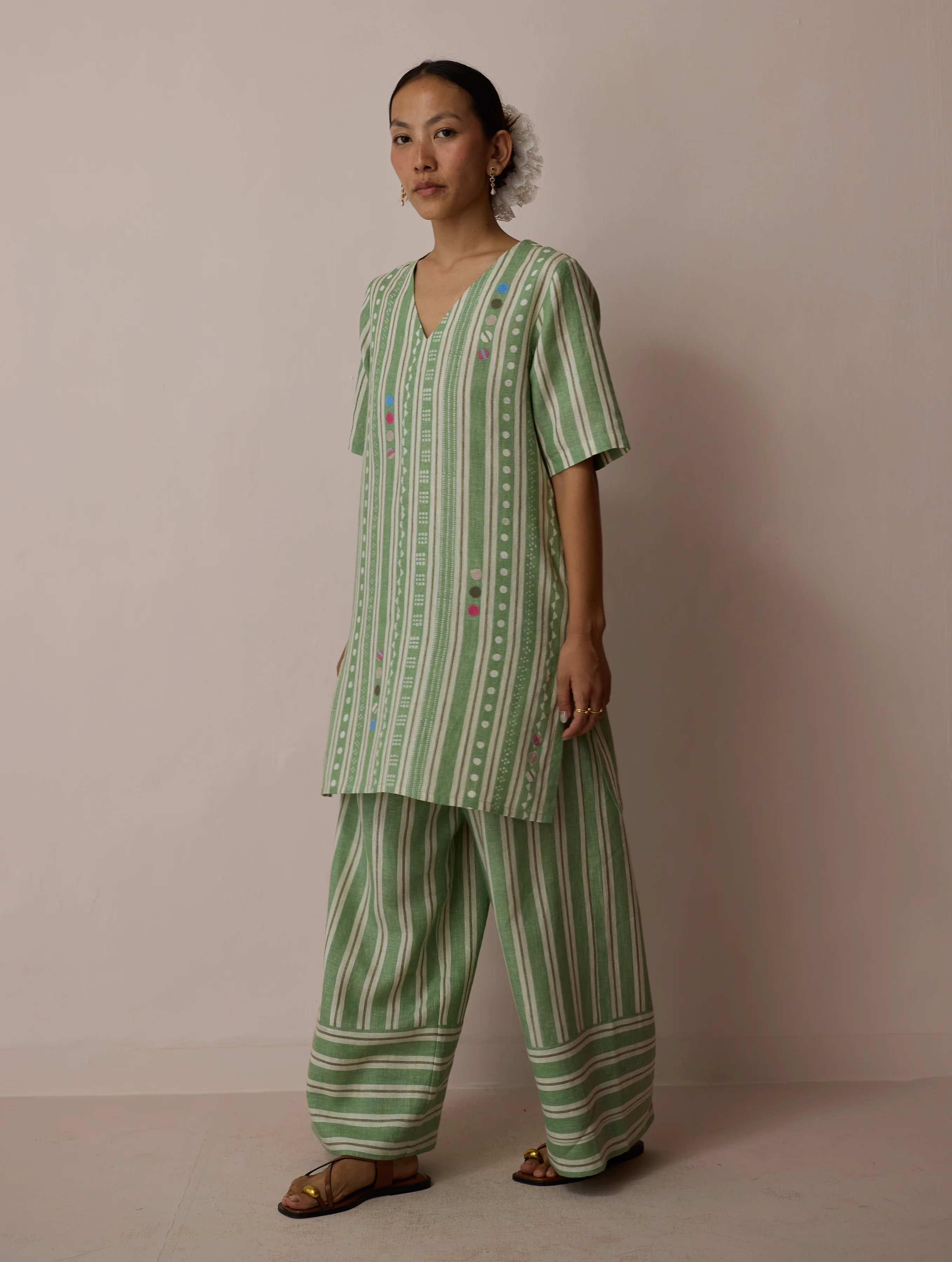 Selle Linen Stripe Applique Kurta - Fern - Image 12