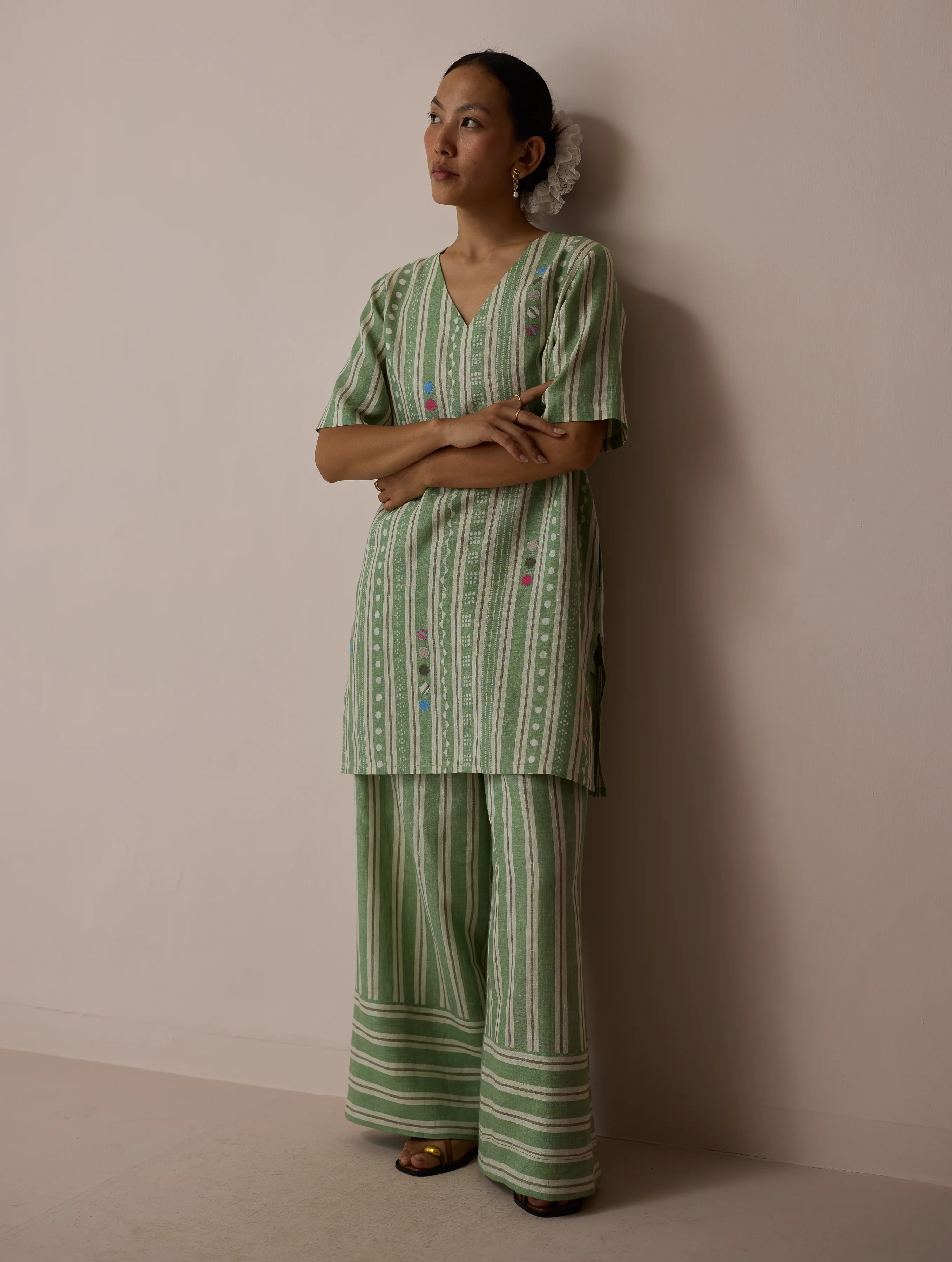 Selle Linen Stripe Applique Kurta - Fern - Image 13