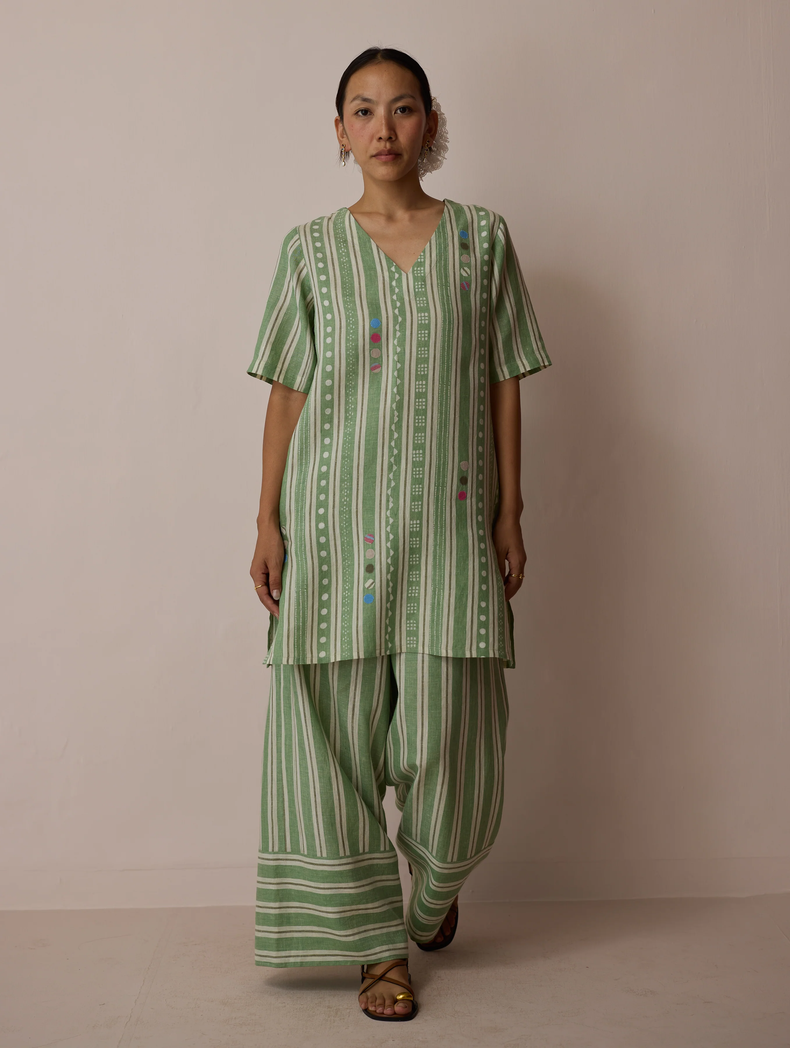 Selle Linen Stripe Applique Kurta - Fern - Image 3