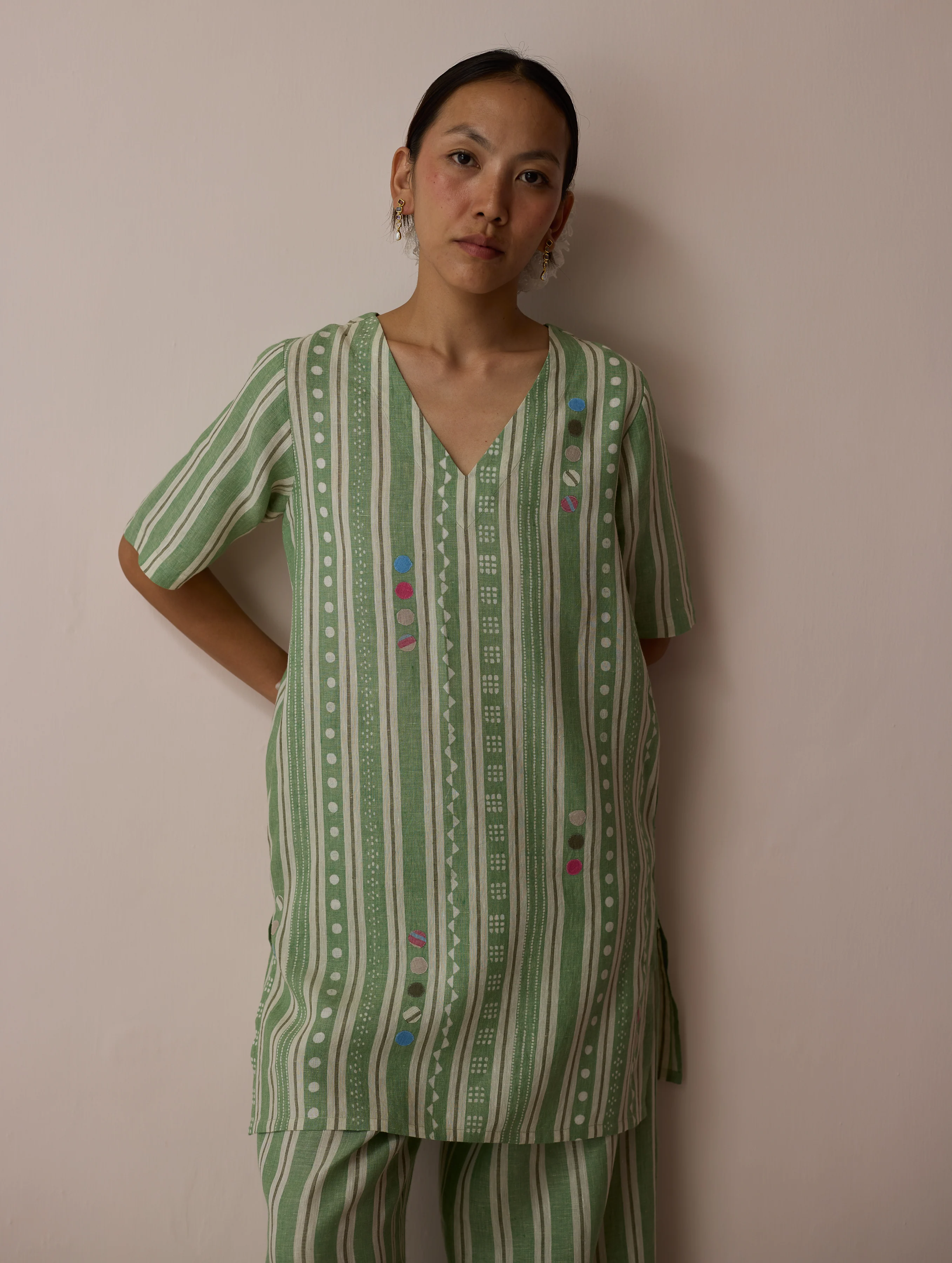 Selle Linen Stripe Applique Kurta - Fern - Image 4