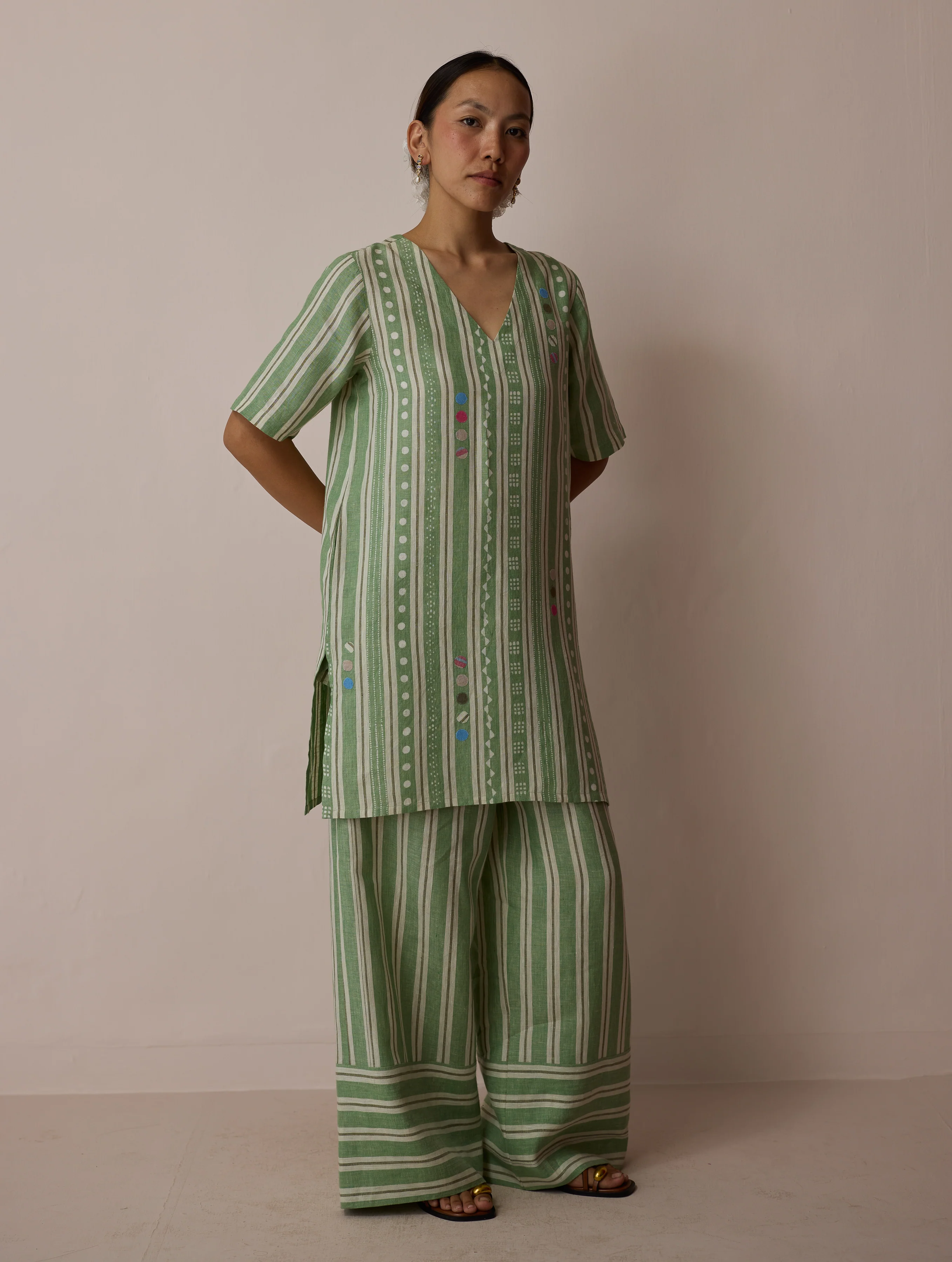 Selle Linen Stripe Applique Kurta - Fern - Image 5