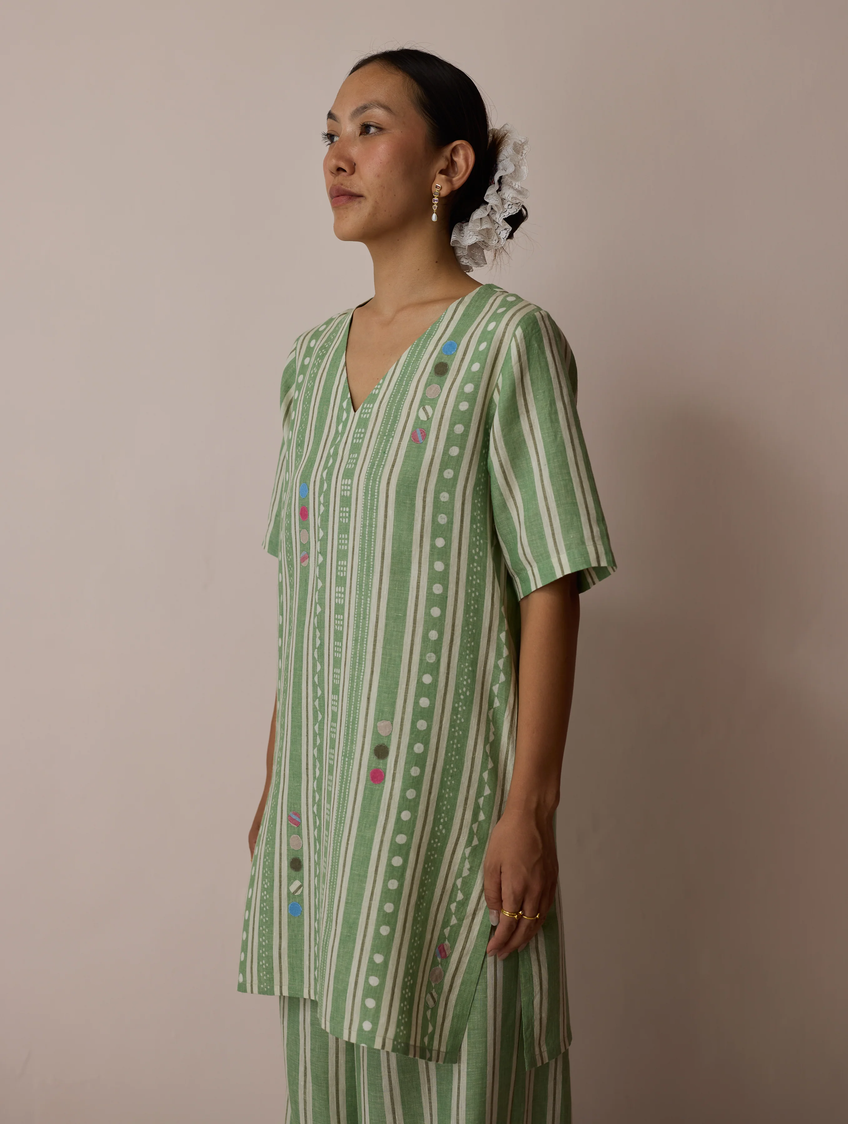 Selle Linen Stripe Applique Kurta - Fern - Image 6