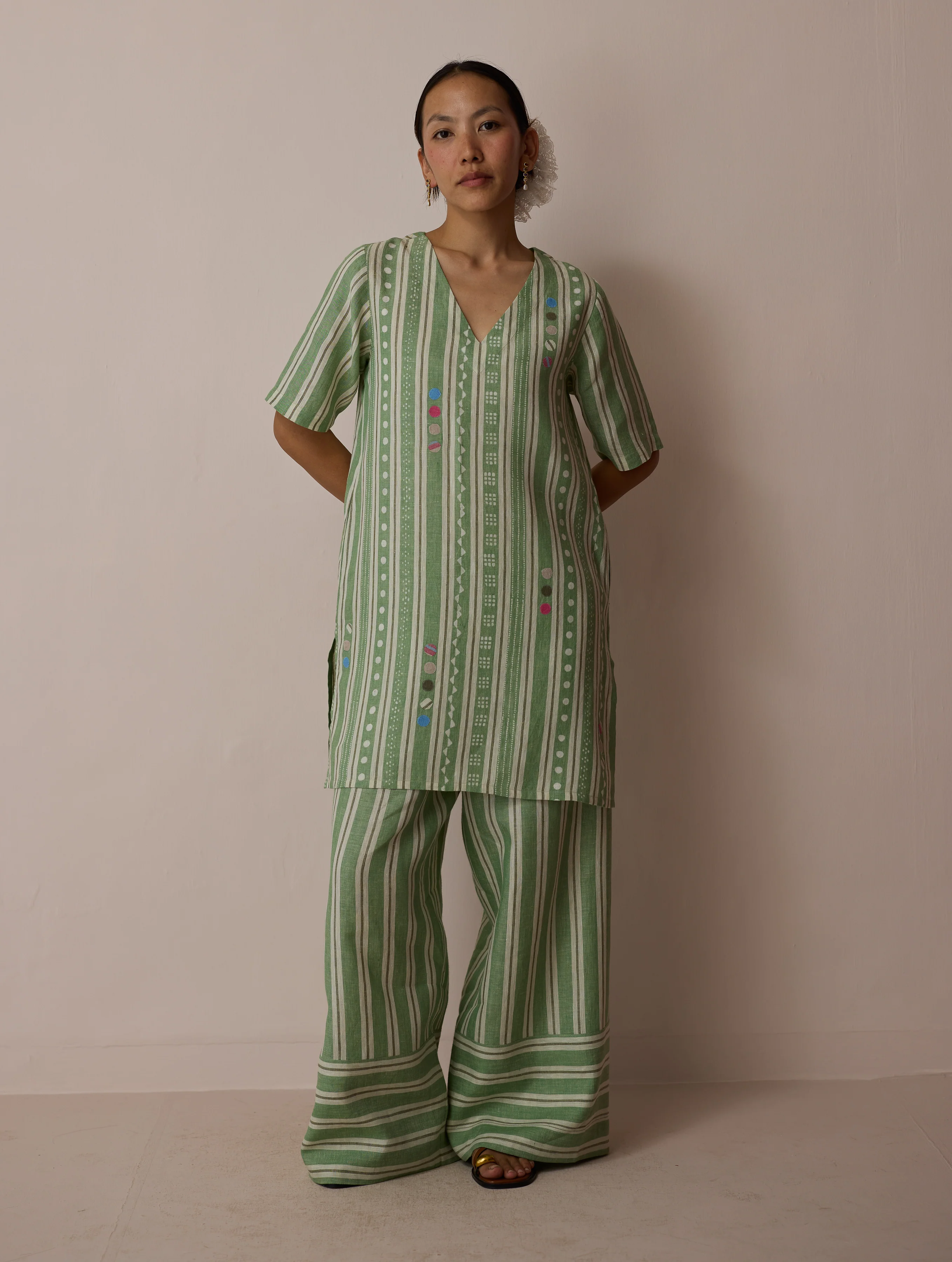 Selle Linen Stripe Applique Kurta - Fern - Image 7