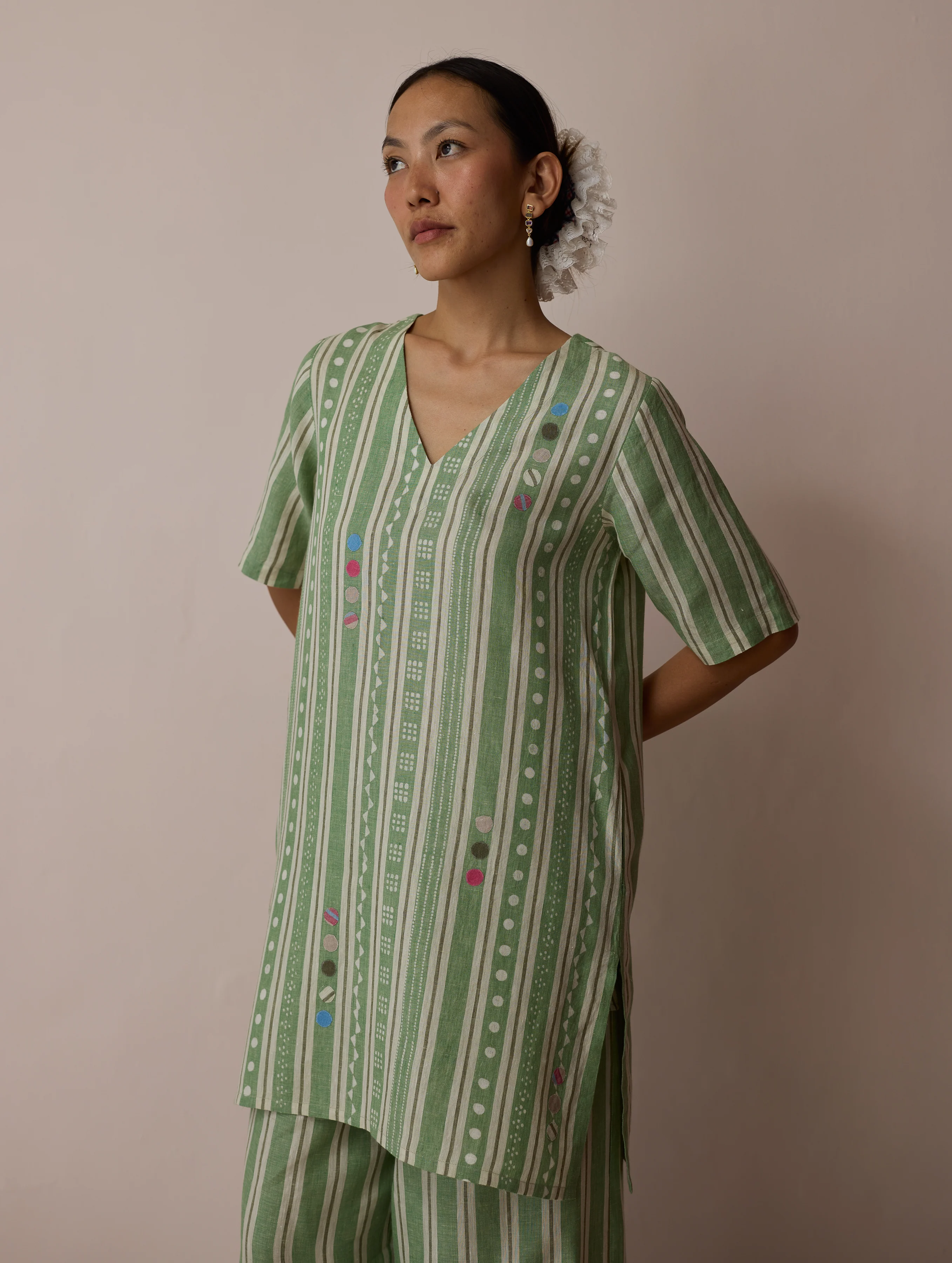 Selle Linen Stripe Applique Kurta - Fern - Image 8