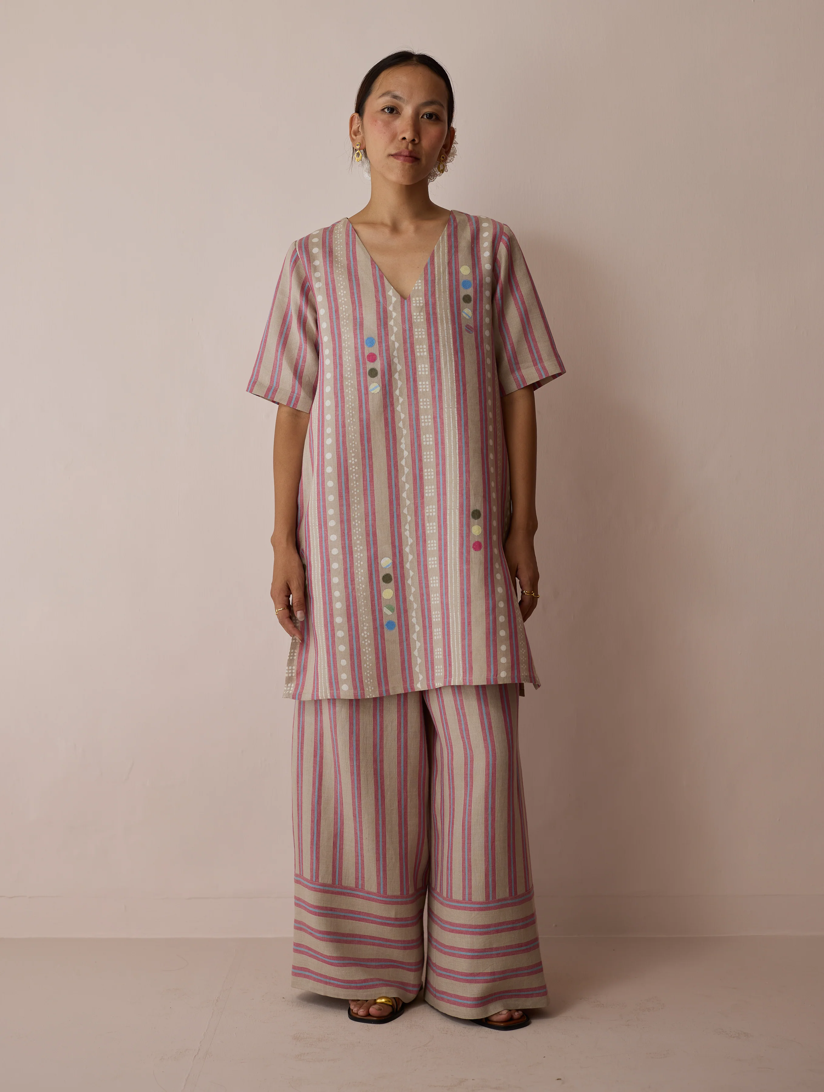 Selle Linen Stripe Applique Kurta - Natural - Image 4