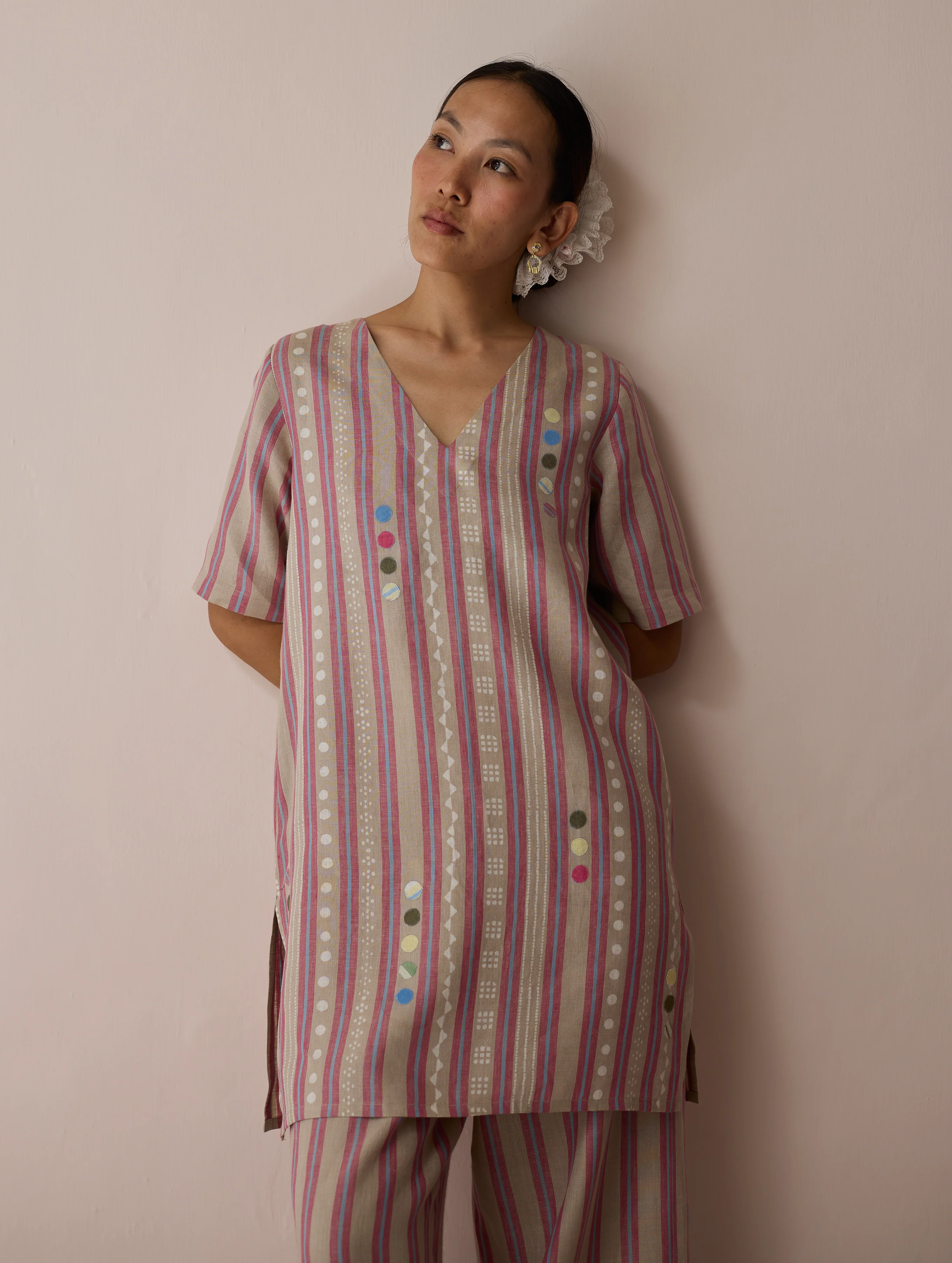 Selle Linen Stripe Applique Kurta - Natural - Image 5