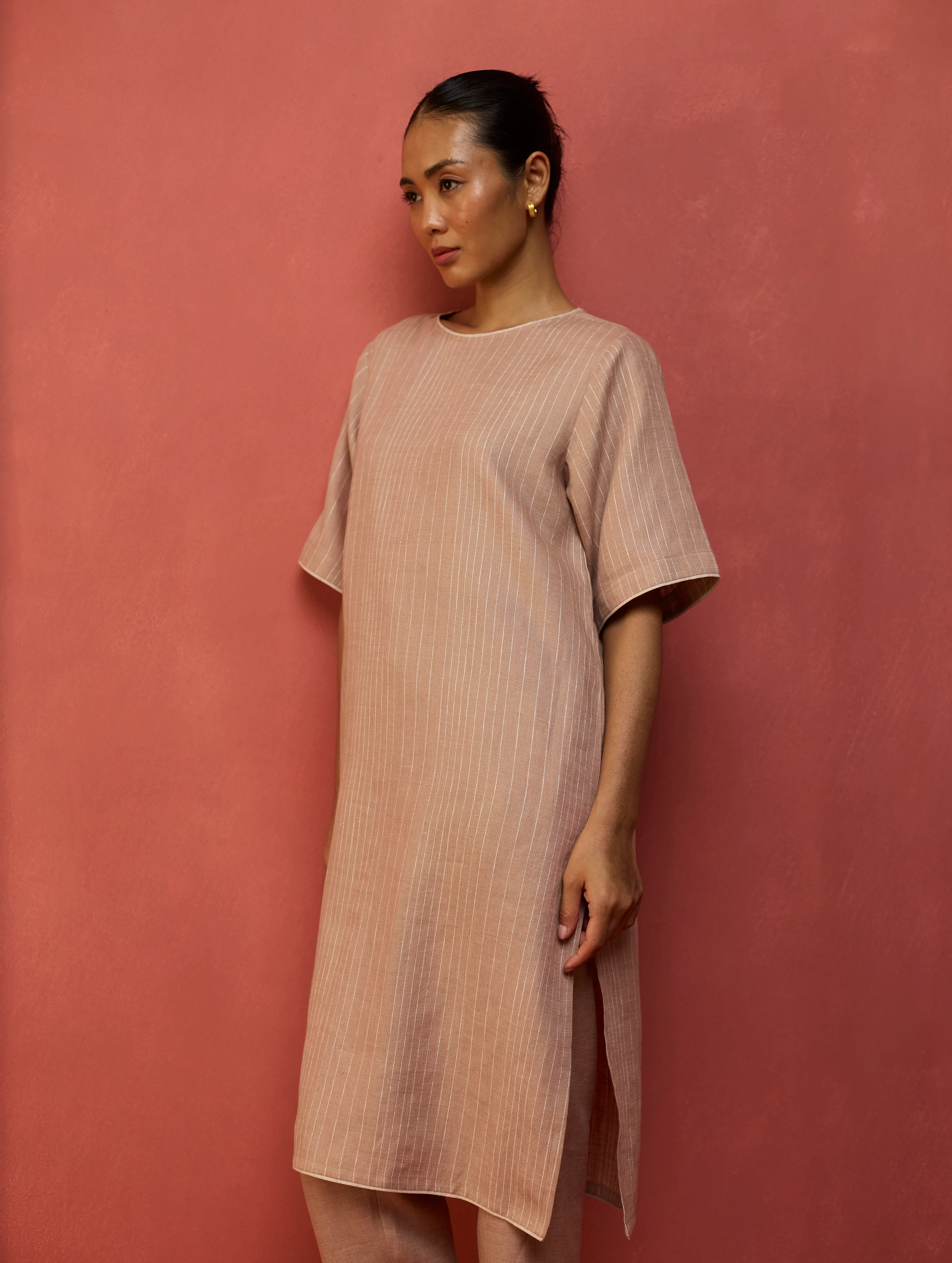 Semma Stripe Linen Kurta Set - Dusty Rose - Image 4