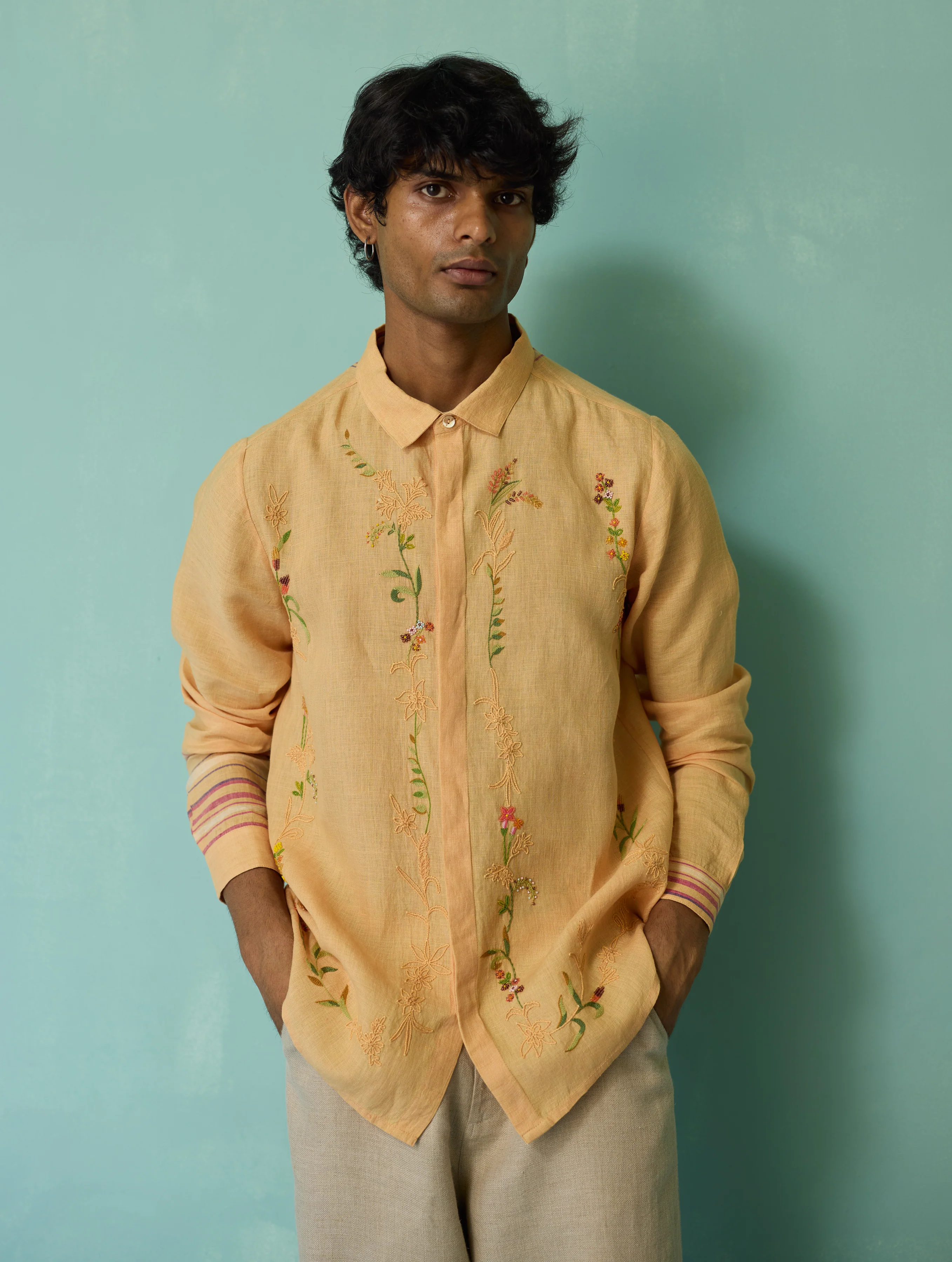 Sid Hand-Embroidered Floral Shirt - Apricot - Image 14