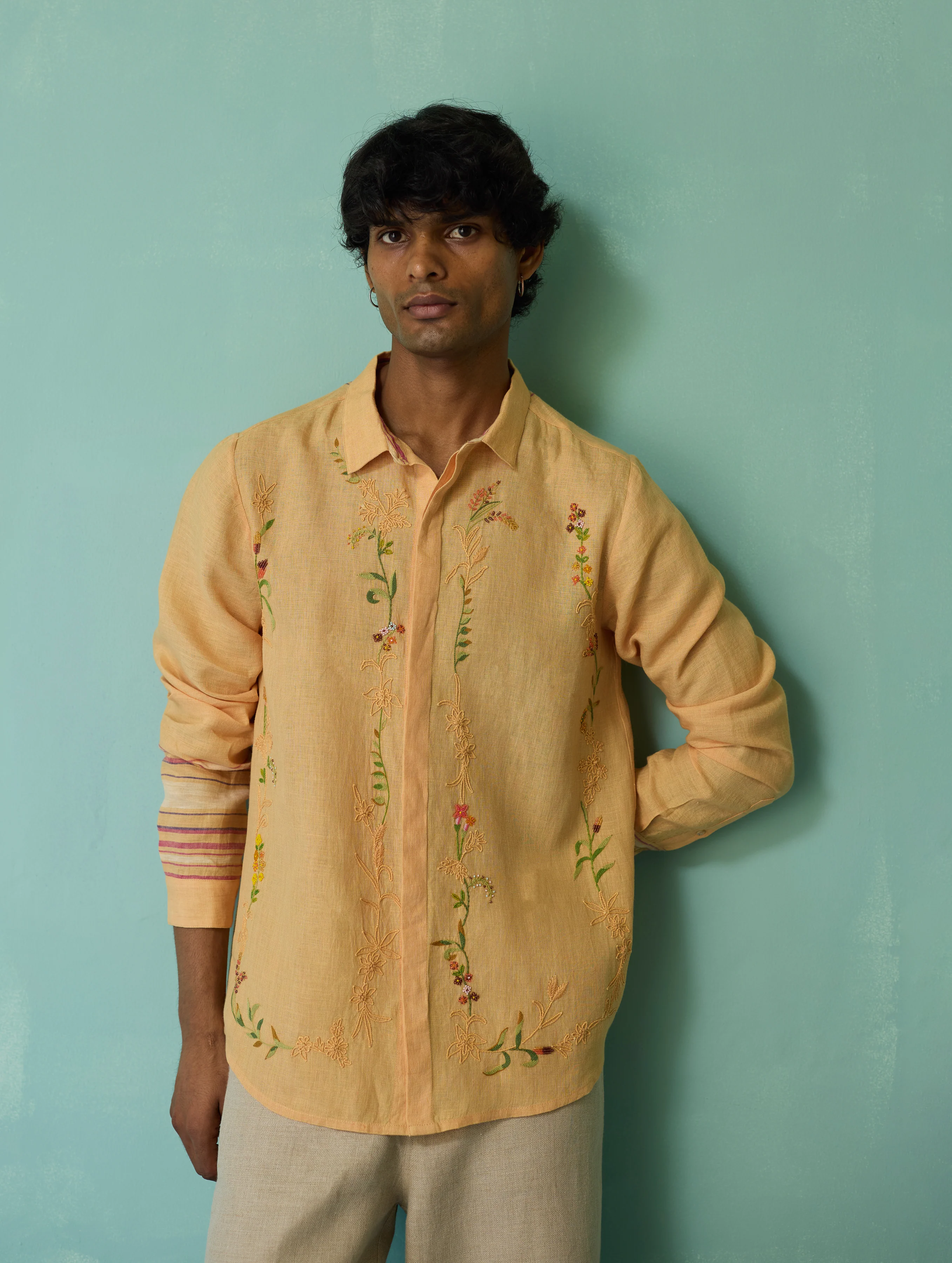 Sid Hand-Embroidered Floral Shirt - Apricot - Image 6