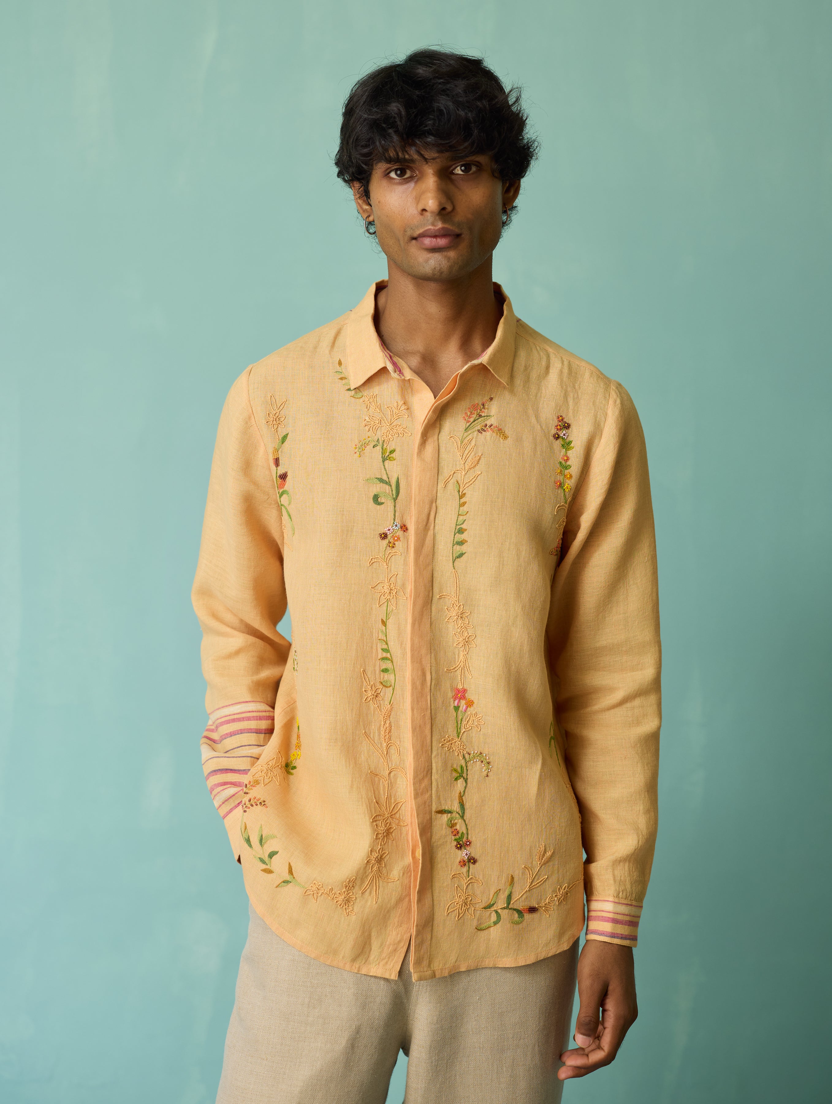 Sid Hand-Embroidered Floral Shirt - Apricot - Image 9