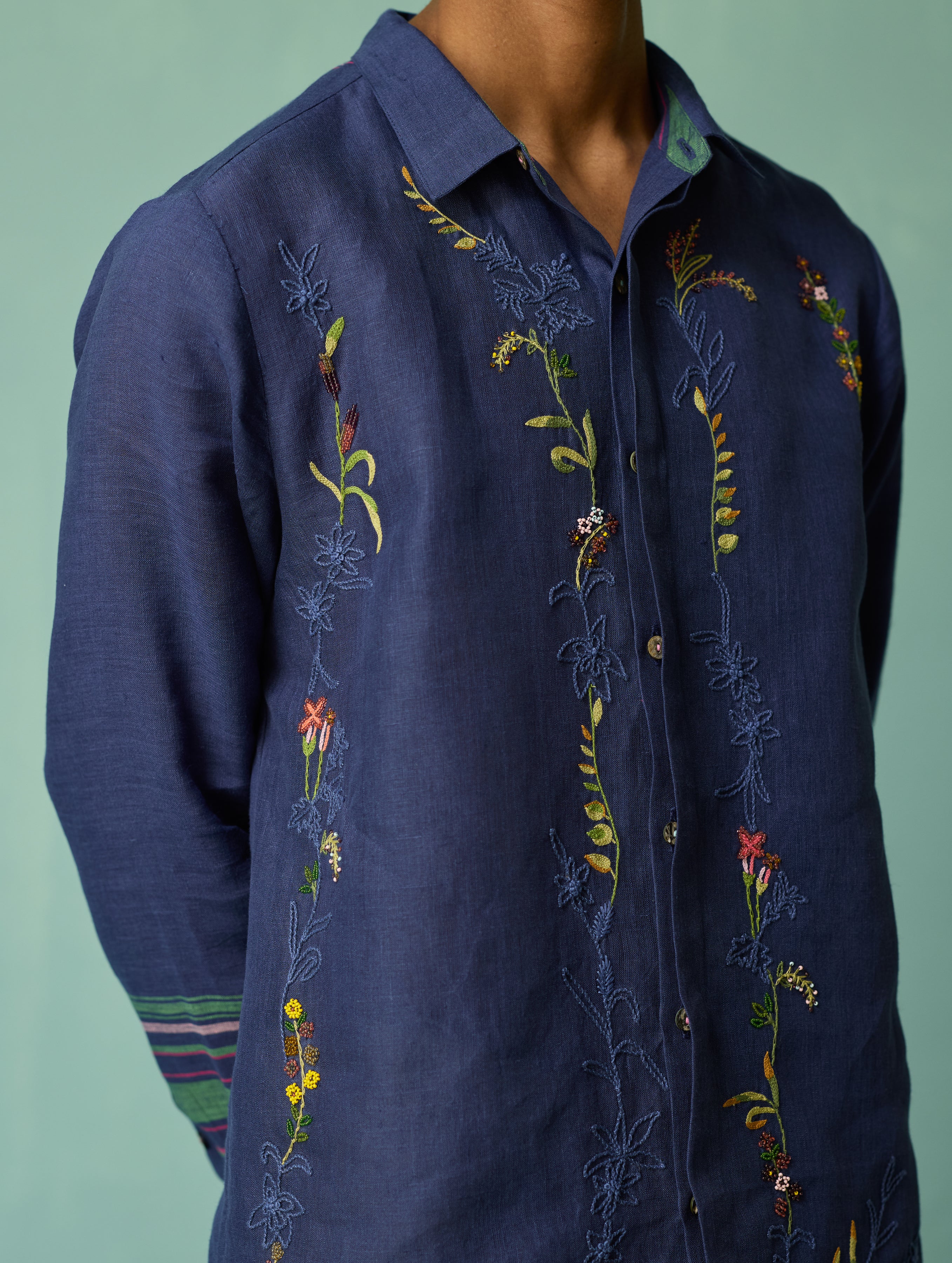 Sid Hand-Embroidered Floral Shirt - Indigo - Image 3