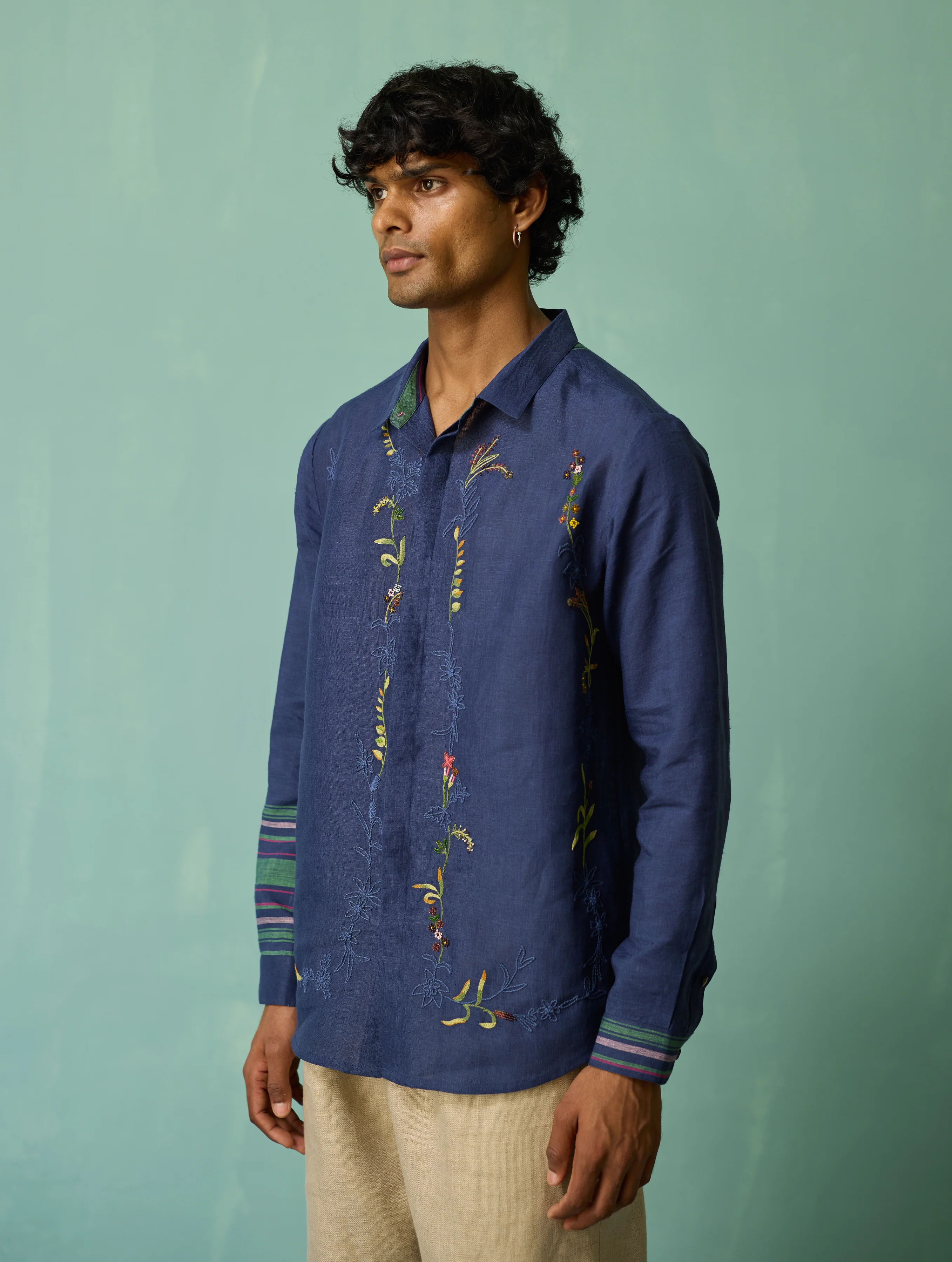 Sid Hand-Embroidered Floral Shirt - Indigo - Image 6