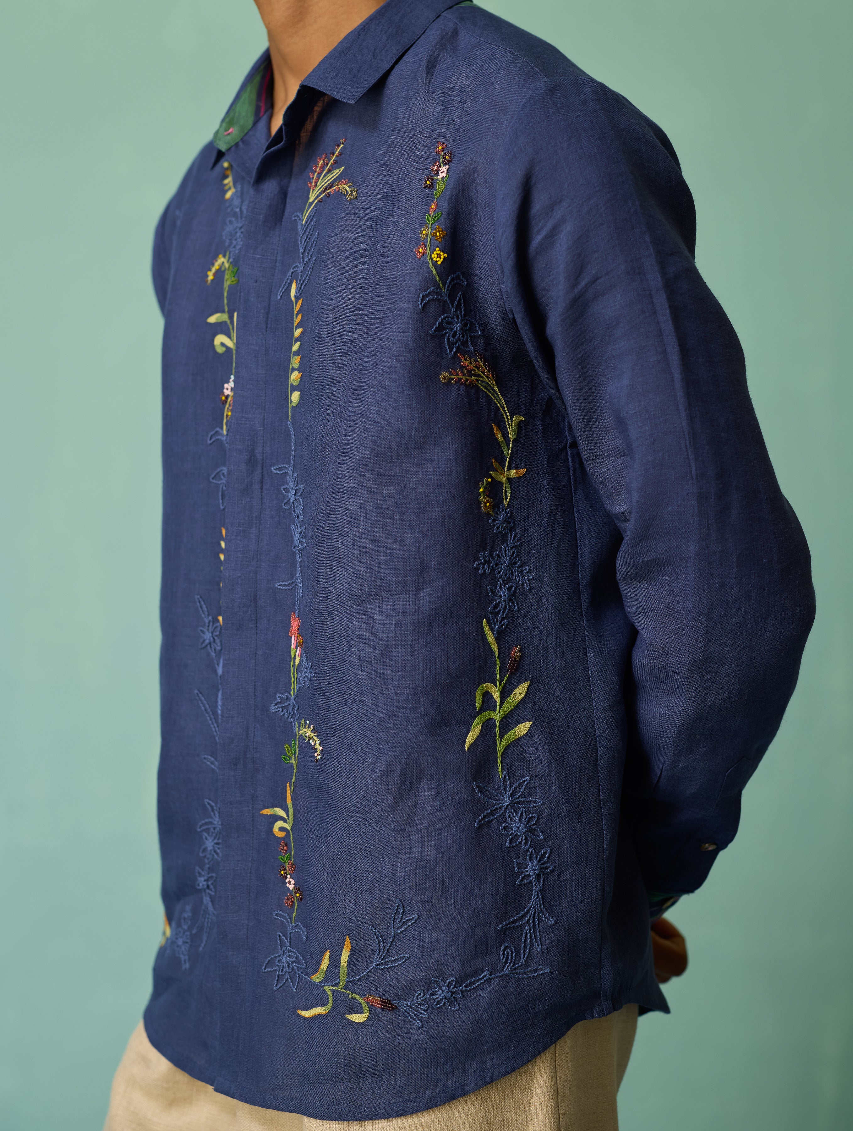 Sid Hand-Embroidered Floral Shirt - Indigo - Image 8