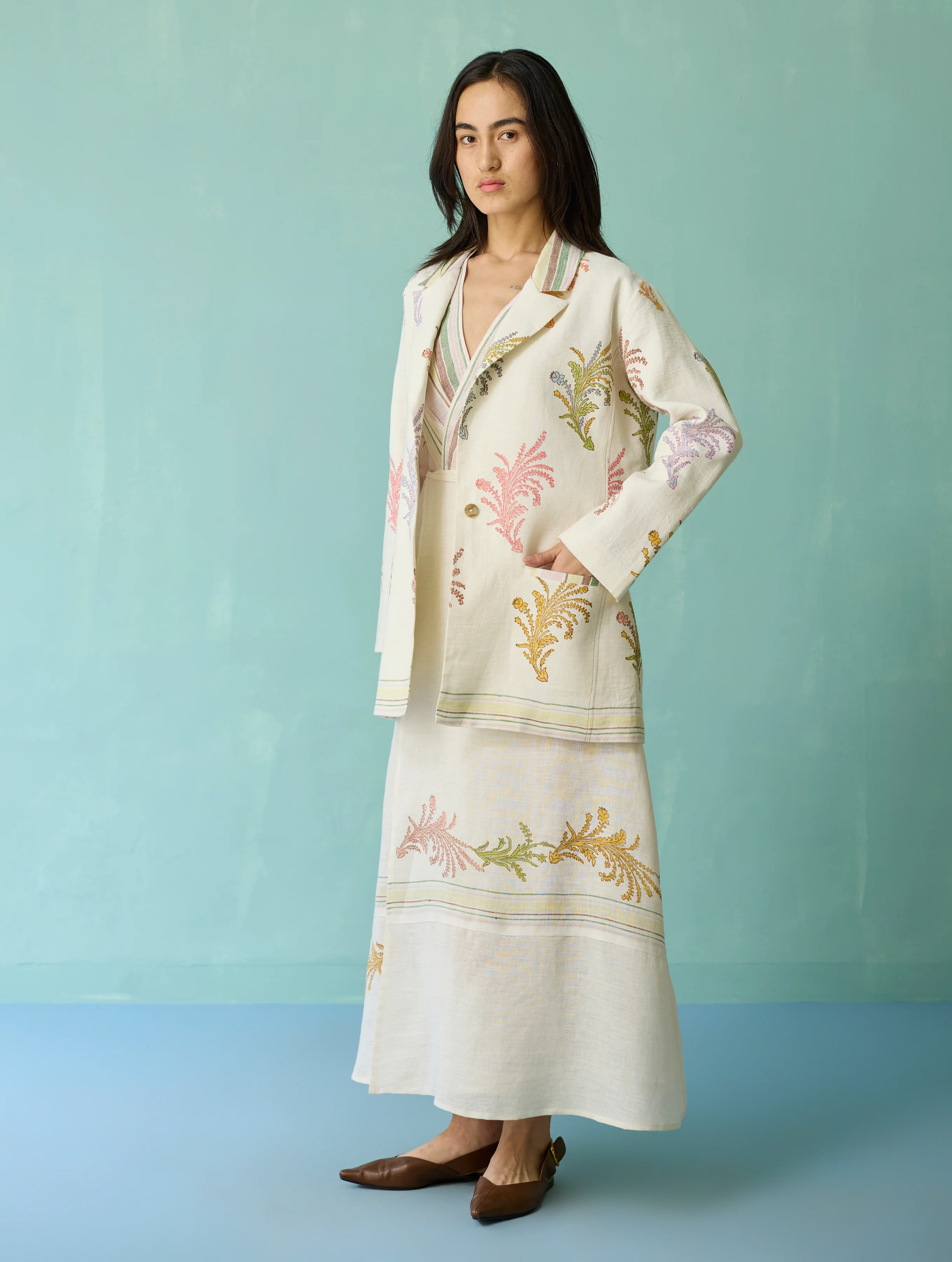 Sira Border Linen Floral Co-ord Set - Ivory - Image 12