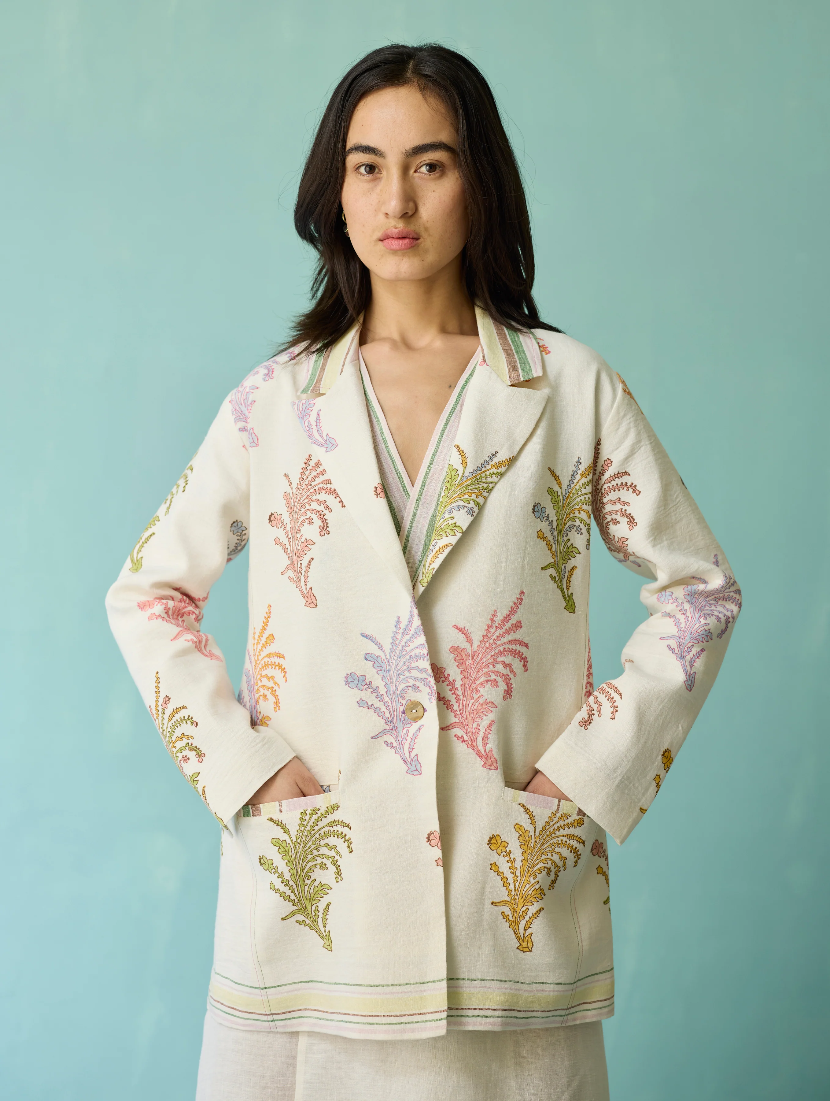 Sira Border Linen Floral Co-ord Set - Ivory - Image 2