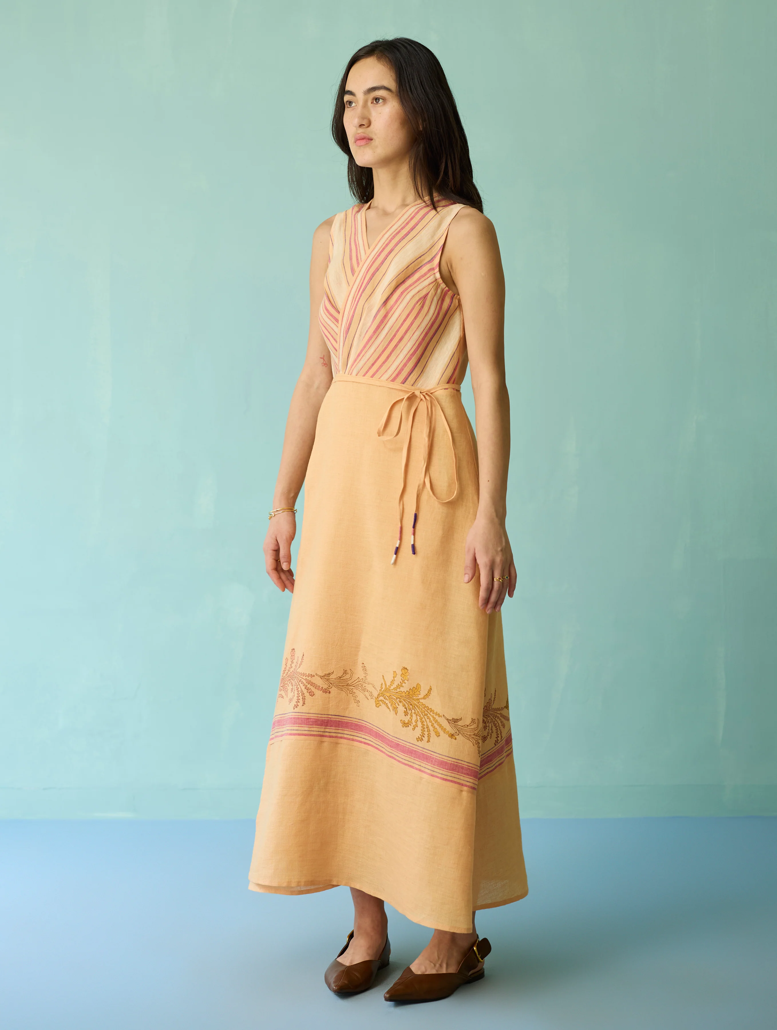 Sira Border Linen Floral Wrap Dress - Apricot - Image 4