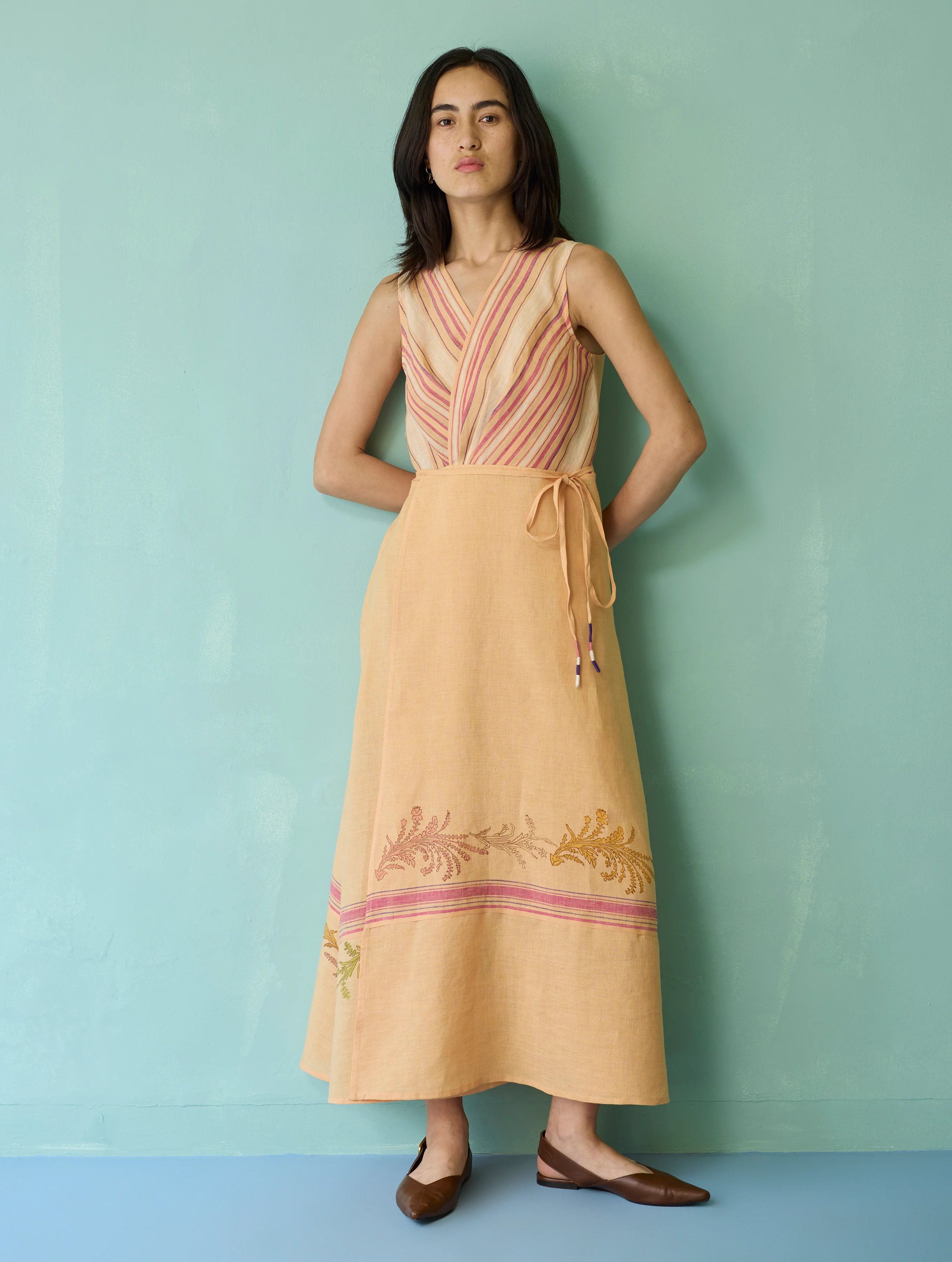 Sira Border Linen Floral Wrap Dress - Apricot - Image 7