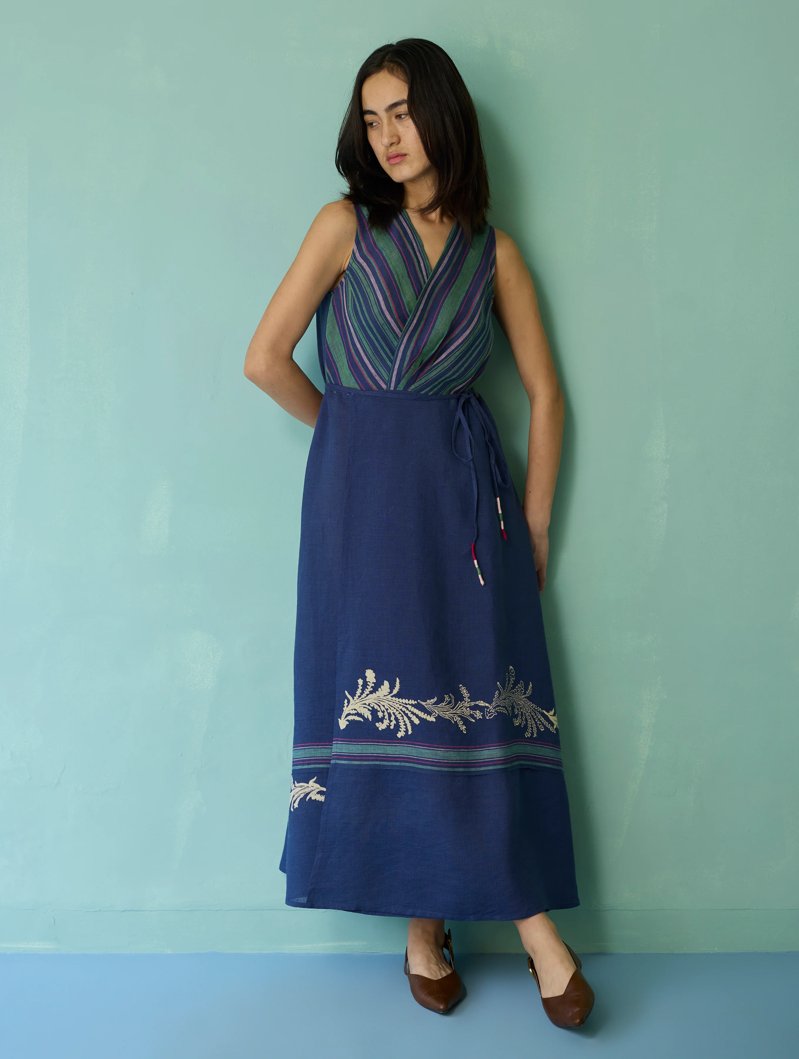Sira Border Linen Floral Wrap Dress - Indigo
