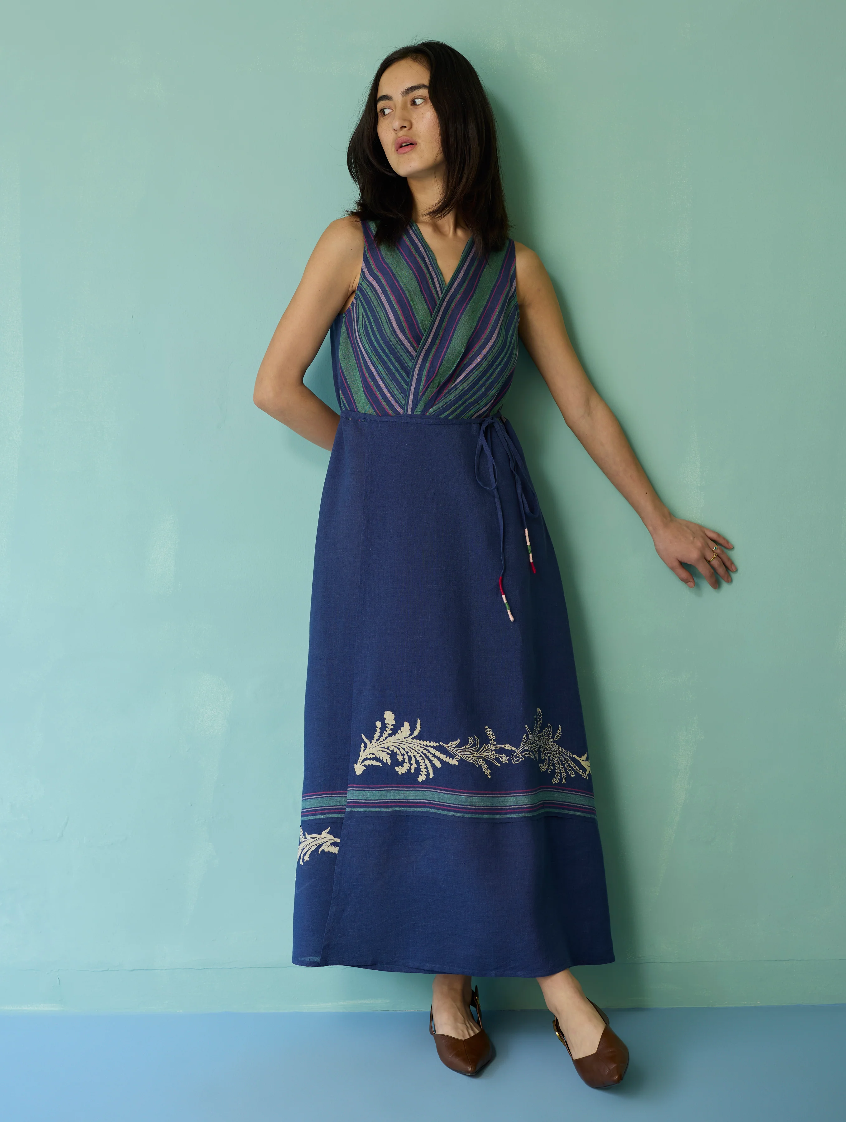 Sira Border Linen Floral Wrap Dress - Indigo - Image 8