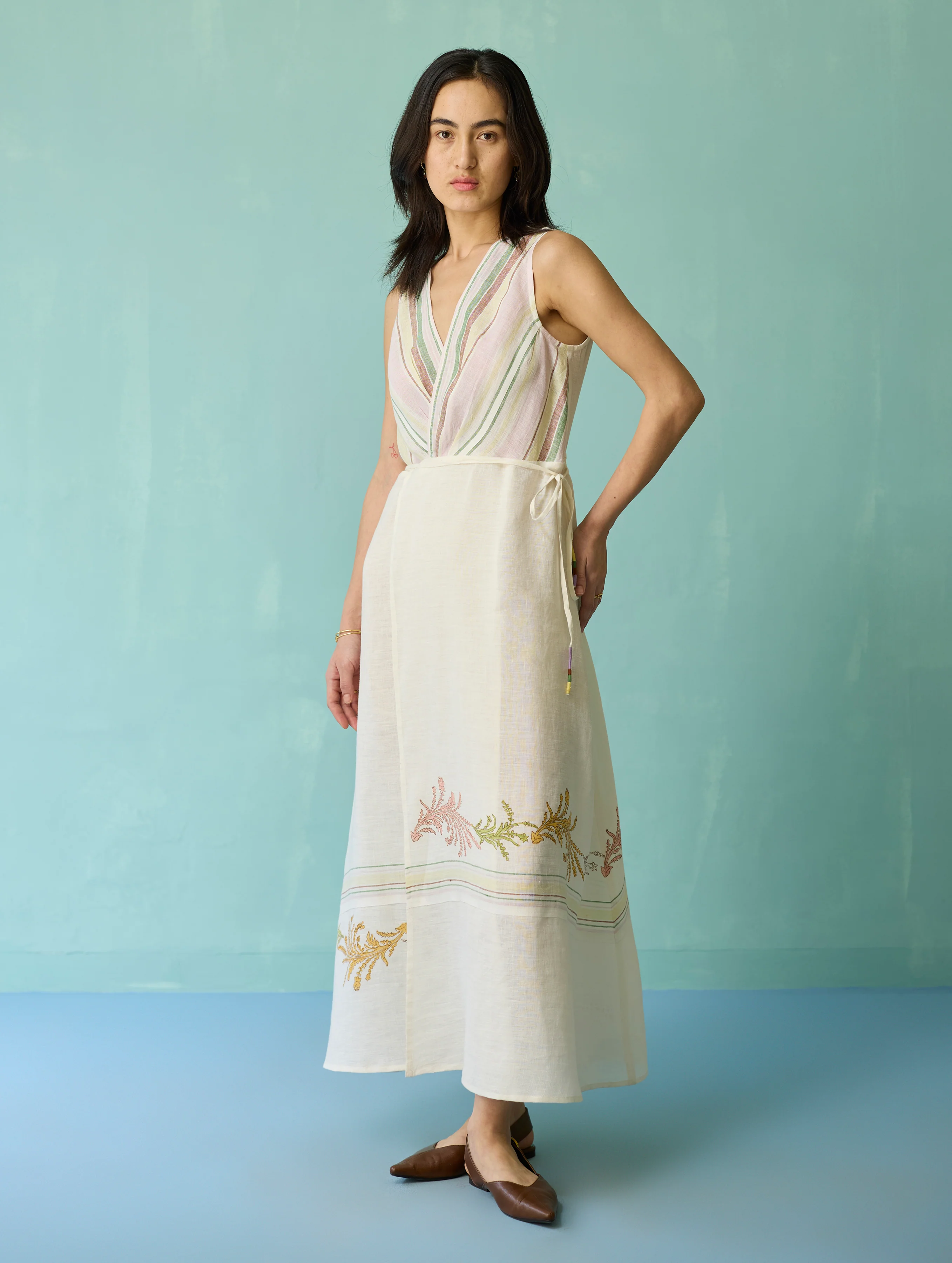 Sira Border Linen Floral Wrap Dress - Ivory - Image 2