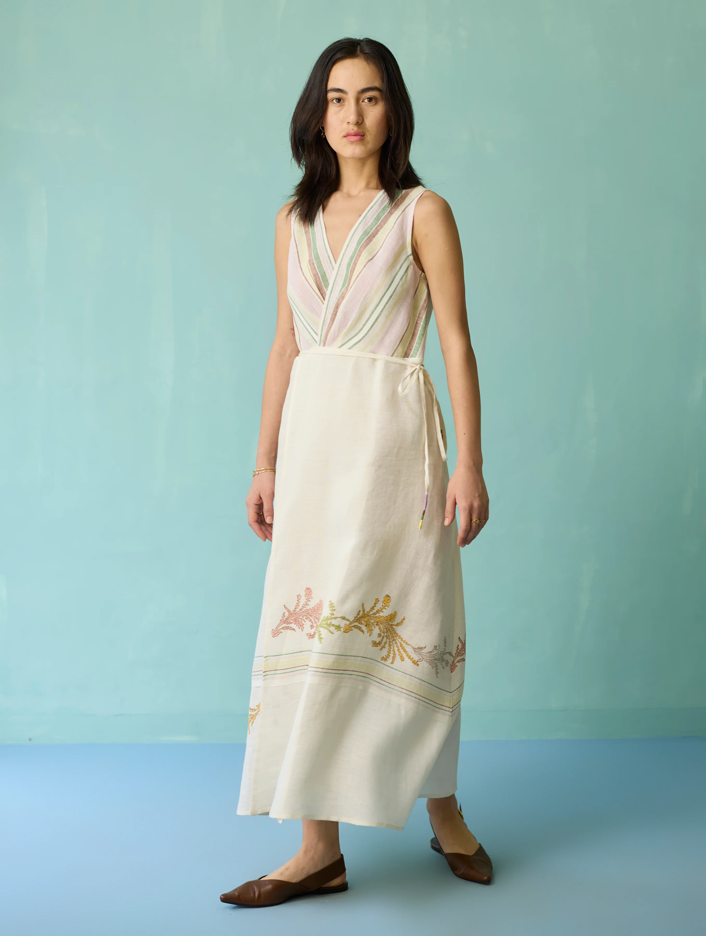 Sira Border Linen Floral Wrap Dress - Ivory - Image 5