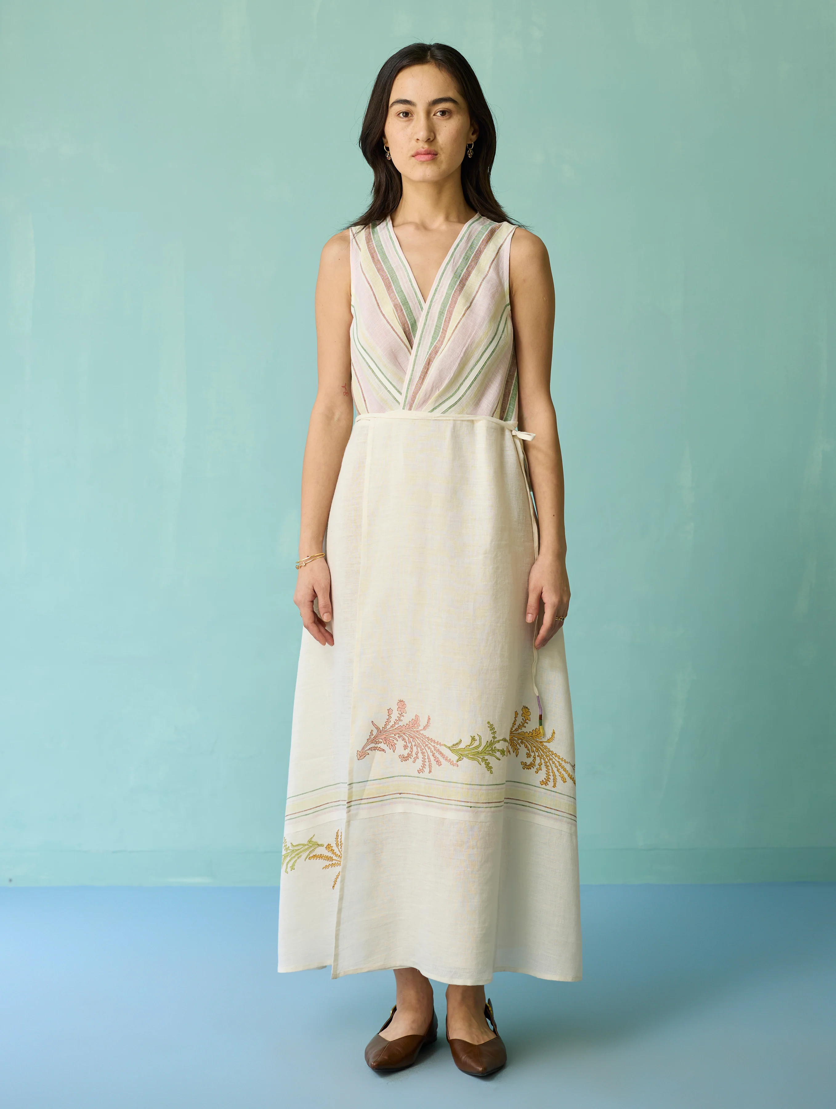 Sira Border Linen Floral Wrap Dress - Ivory - Image 7