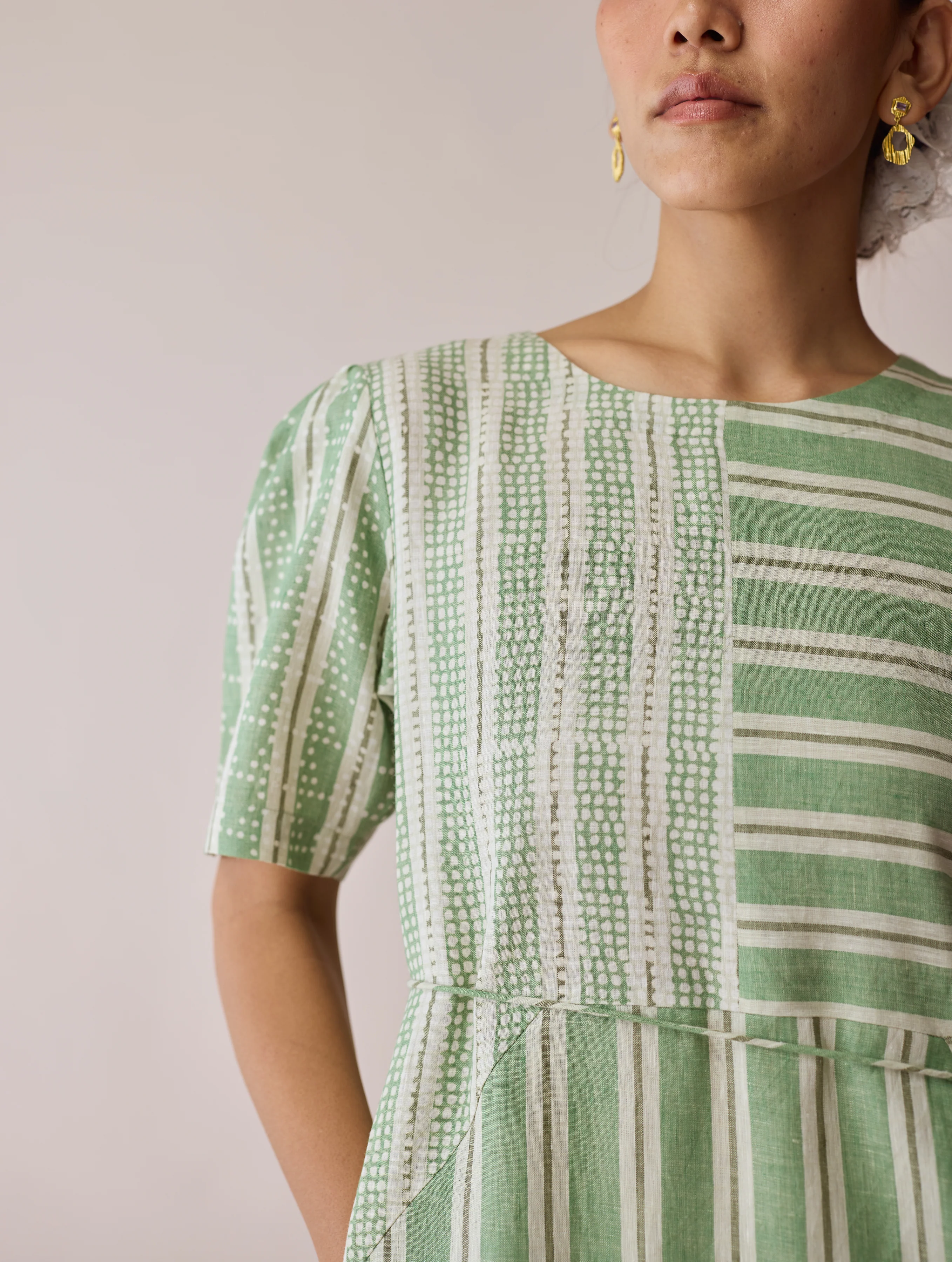 Sola Patchwork Block-Printed Linen Dress - Fern - Image 2