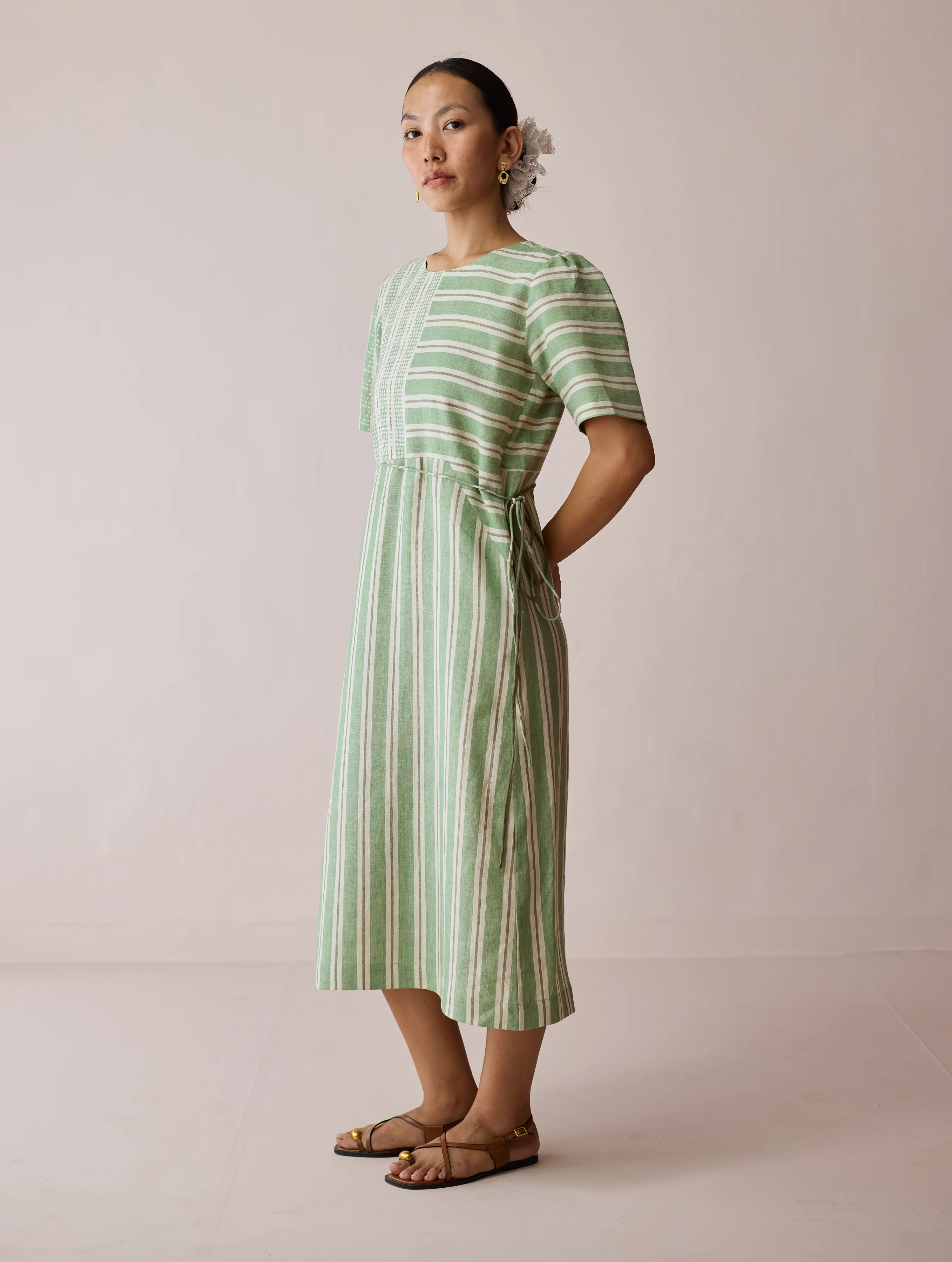 Sola Patchwork Block-Printed Linen Dress - Fern - Image 4