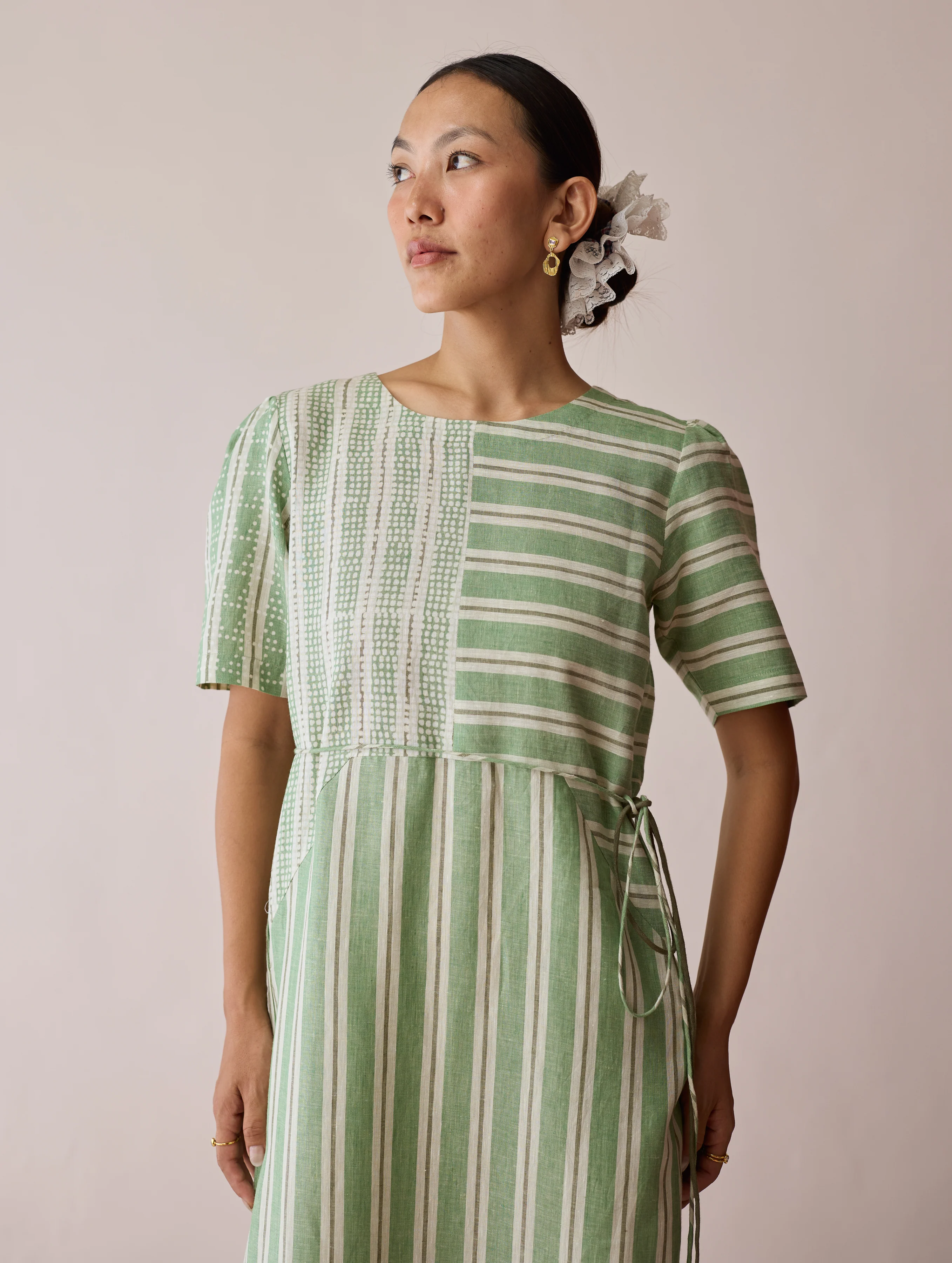 Sola Patchwork Block-Printed Linen Dress - Fern - Image 5