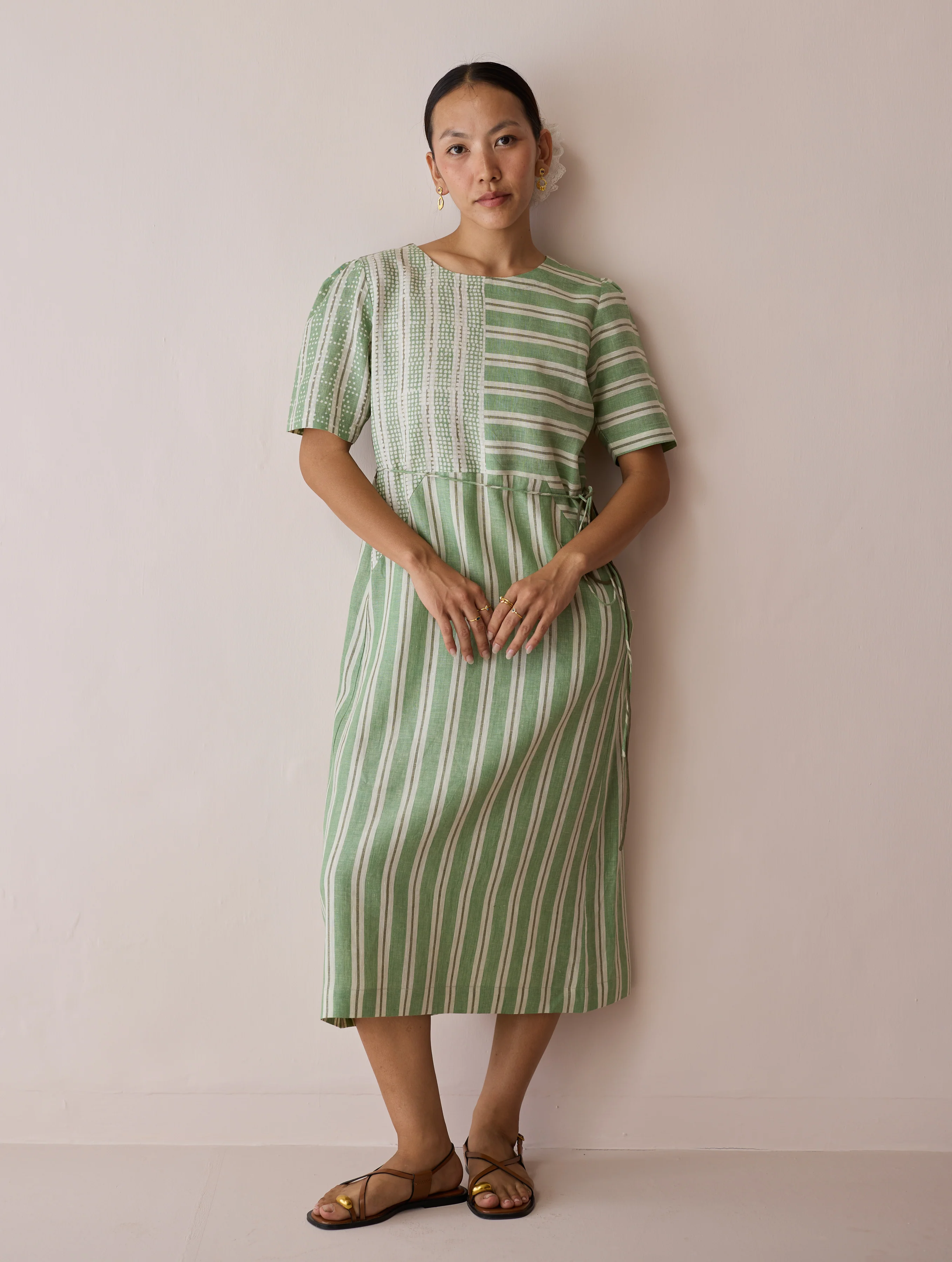 Sola Patchwork Block-Printed Linen Dress - Fern - Image 6