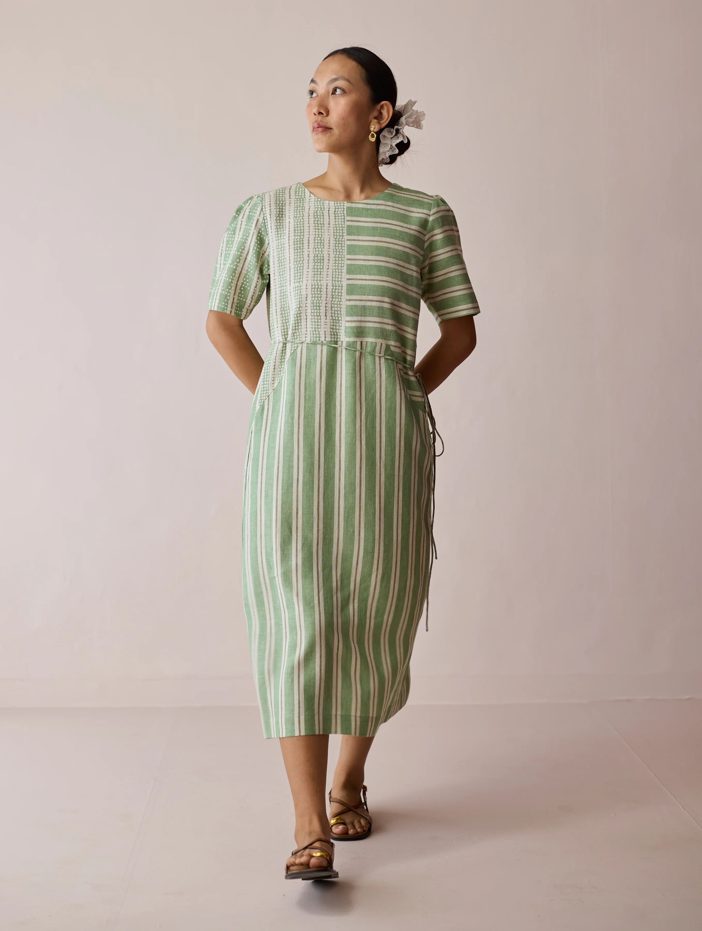 Sola Patchwork Block-Printed Linen Dress - Fern - Image 8