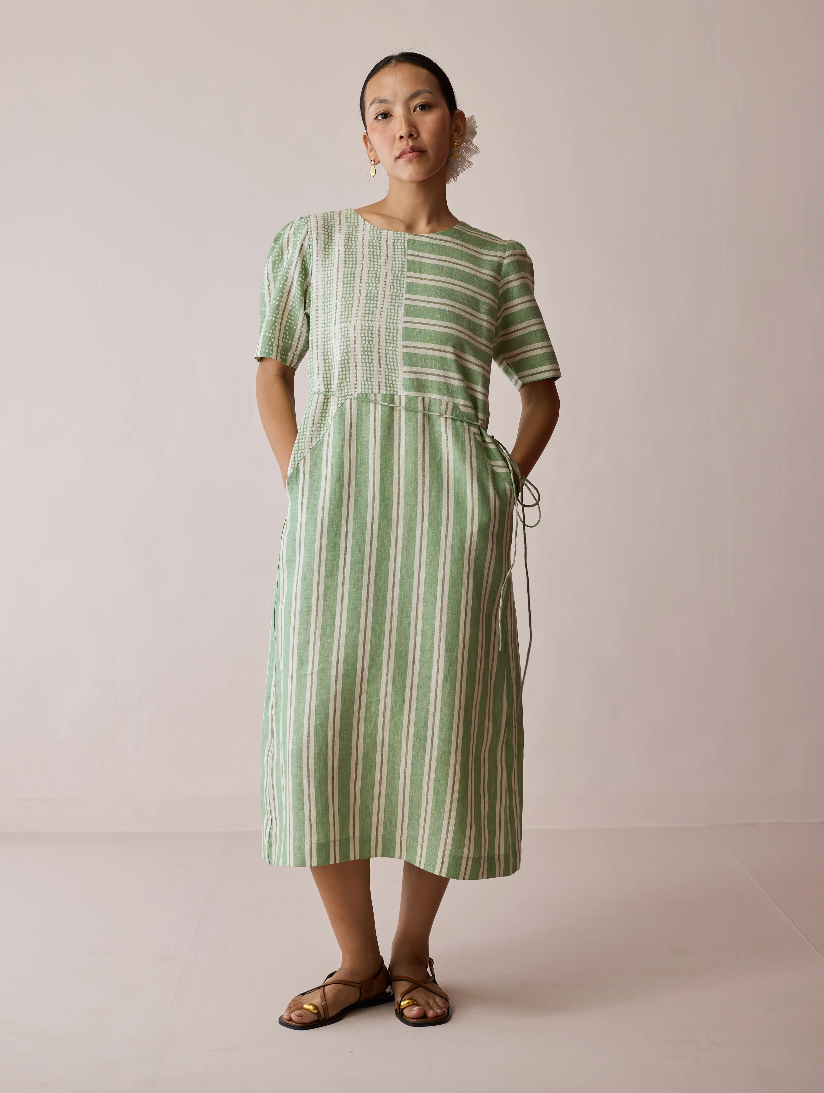 Sola Patchwork Block-Printed Linen Dress - Fern - Image 9
