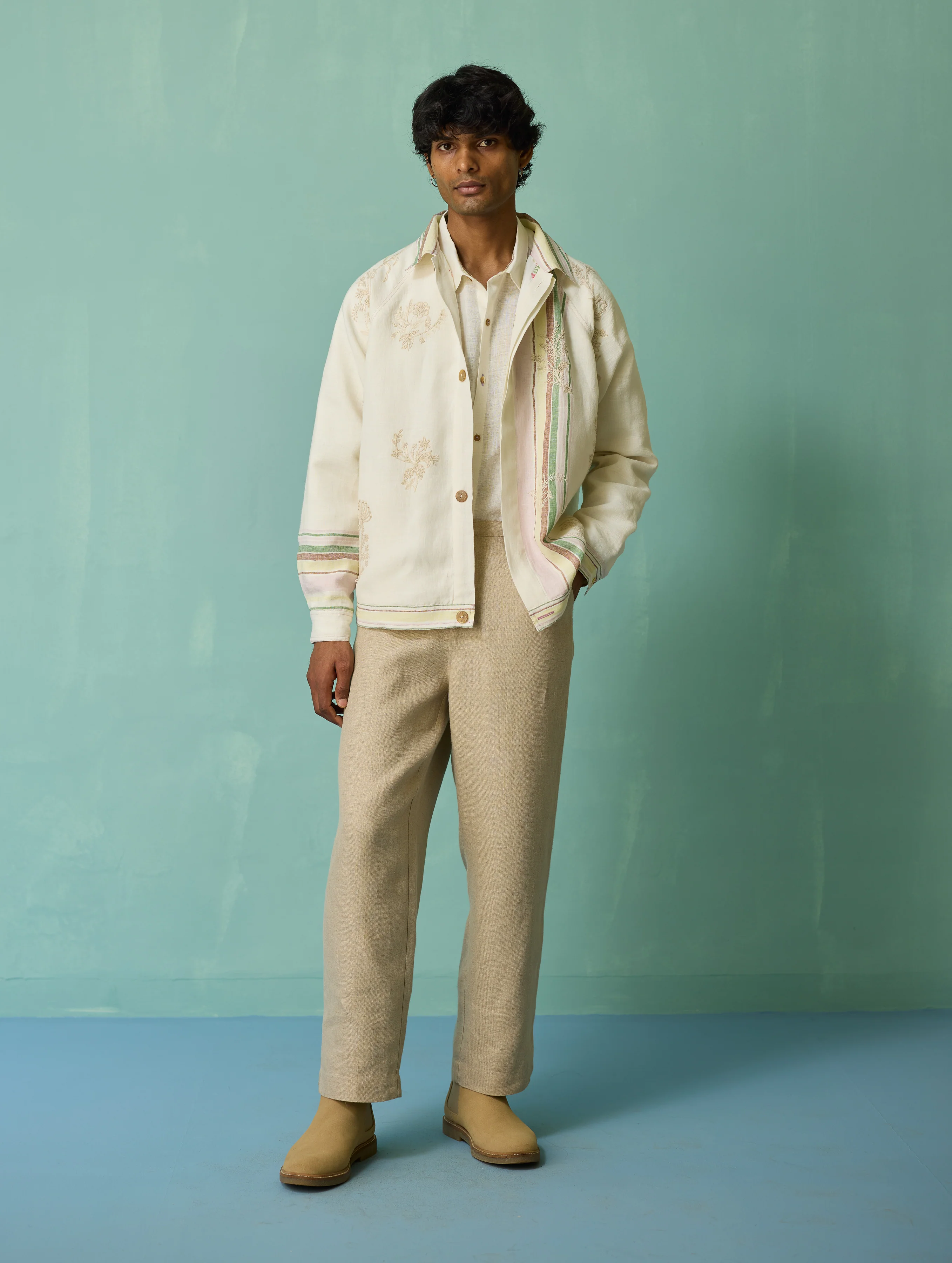 Sorren Hand-Embroidered Border Linen Jacket - Ivory - Image 10
