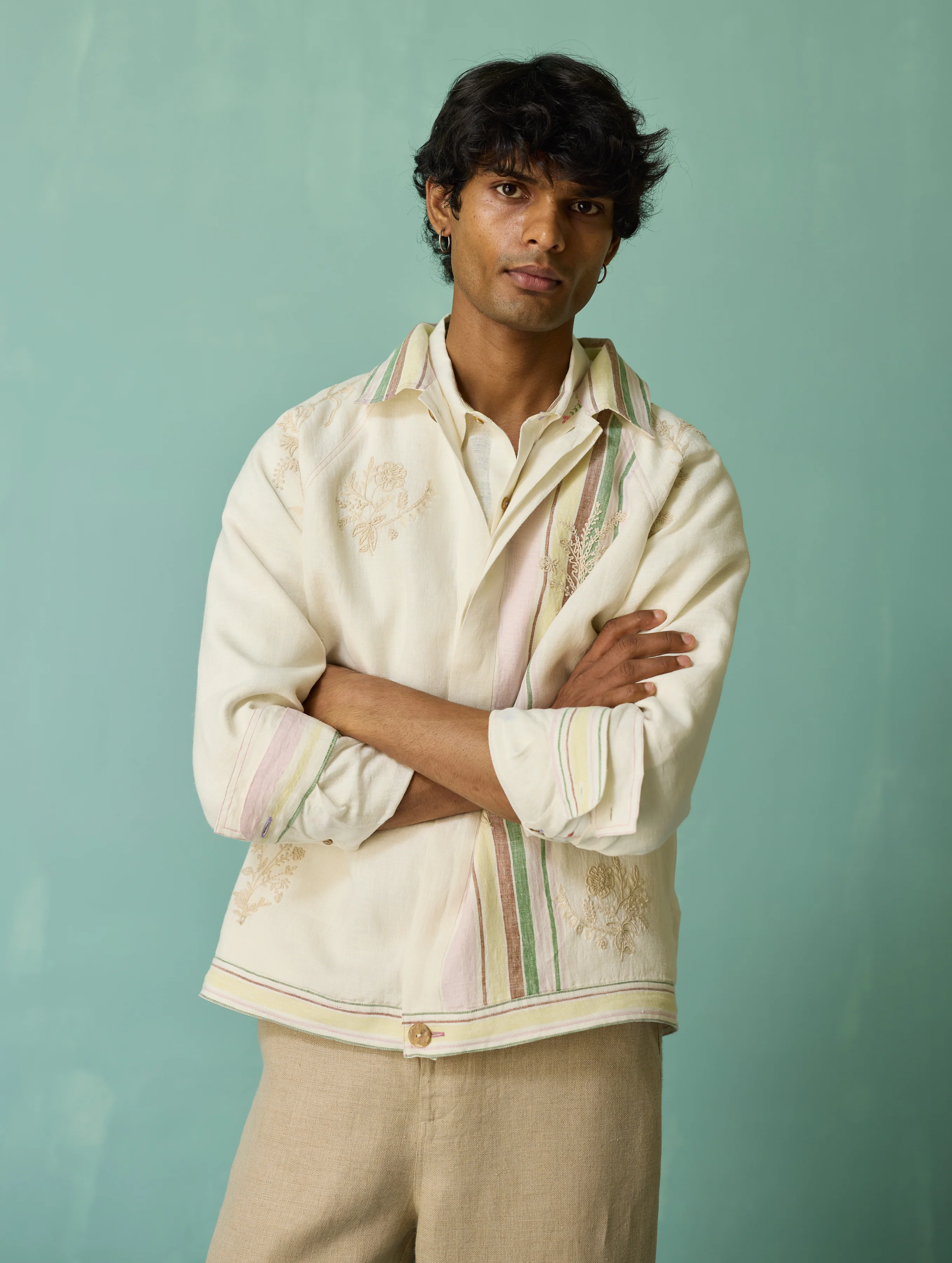 Sorren Hand-Embroidered Border Linen Jacket - Ivory - Image 11