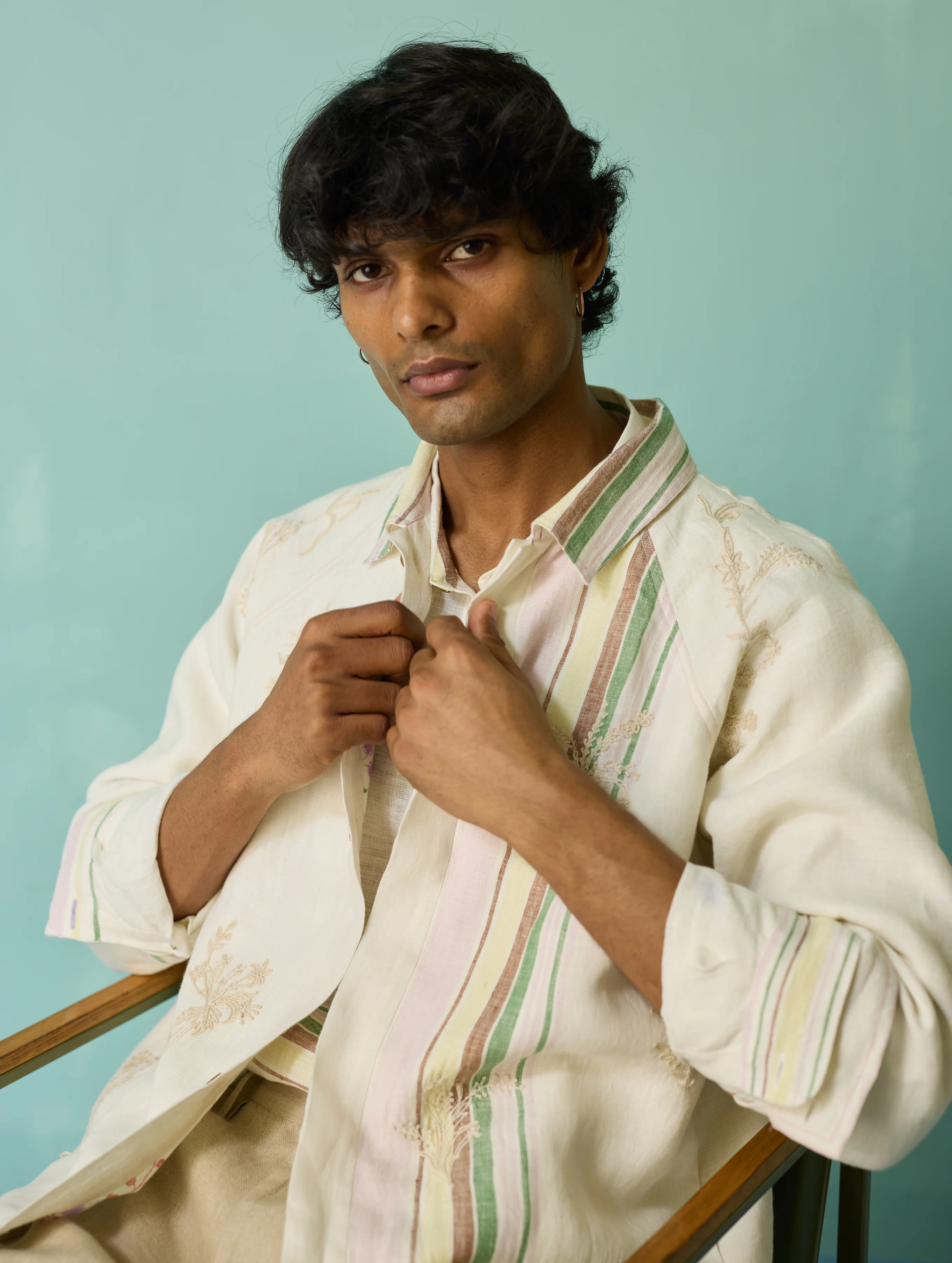 Sorren Hand-Embroidered Border Linen Jacket - Ivory - Image 12